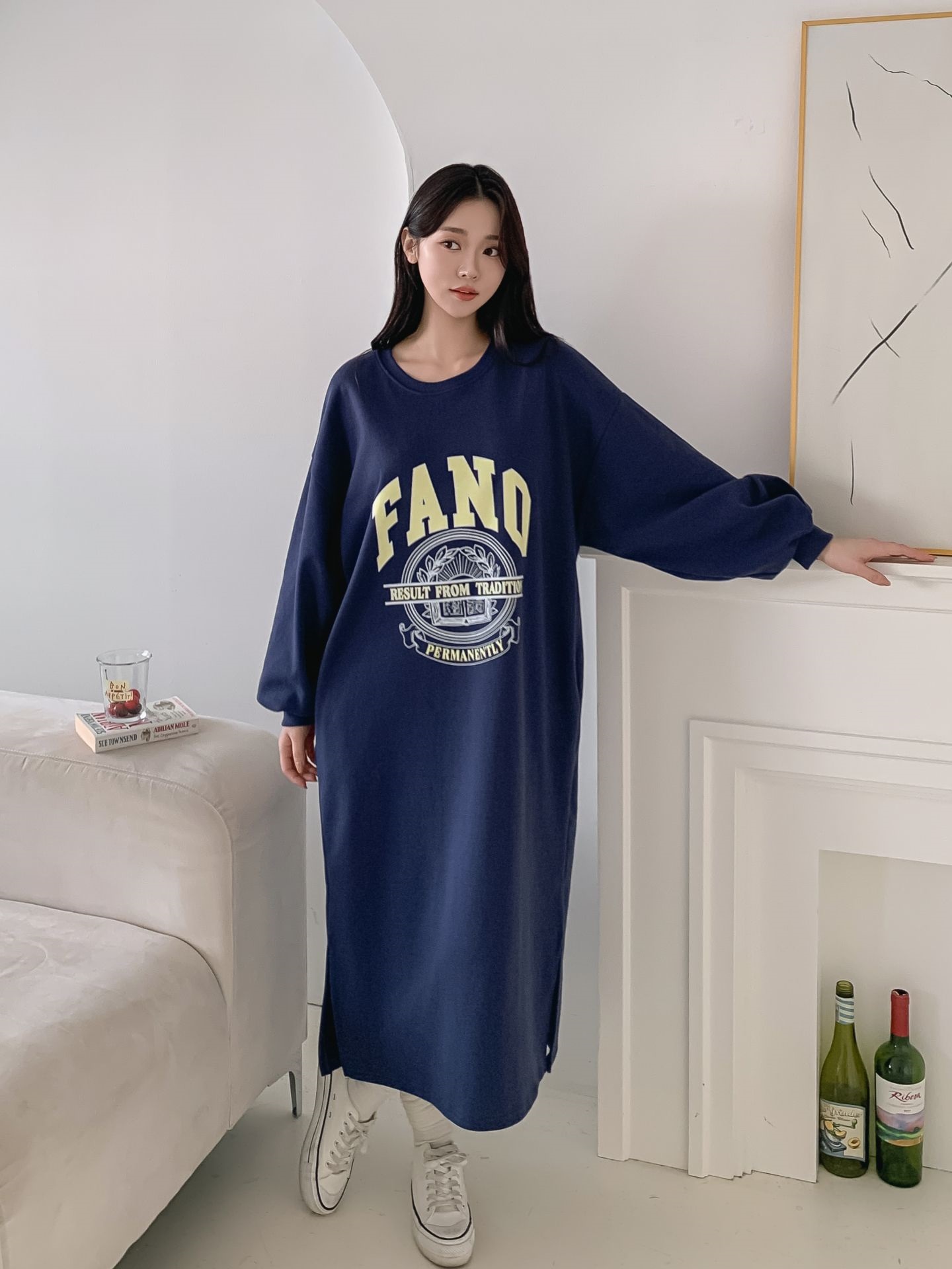 ラウンドネックスリットポケットパフスリーブオーバーサイズボクシーロング長袖ビッグプリントワンピース | 詳細画像5