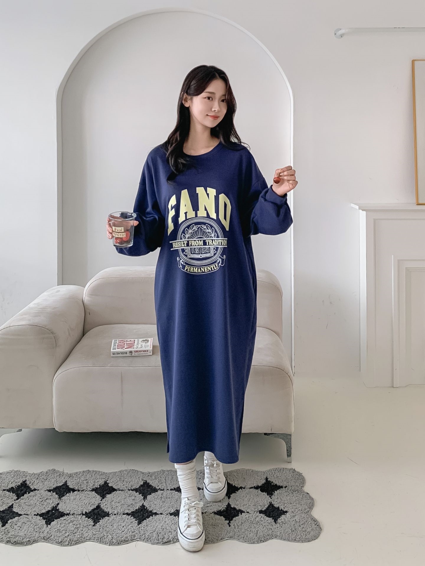 ラウンドネックスリットポケットパフスリーブオーバーサイズボクシーロング長袖ビッグプリントワンピース | 詳細画像6