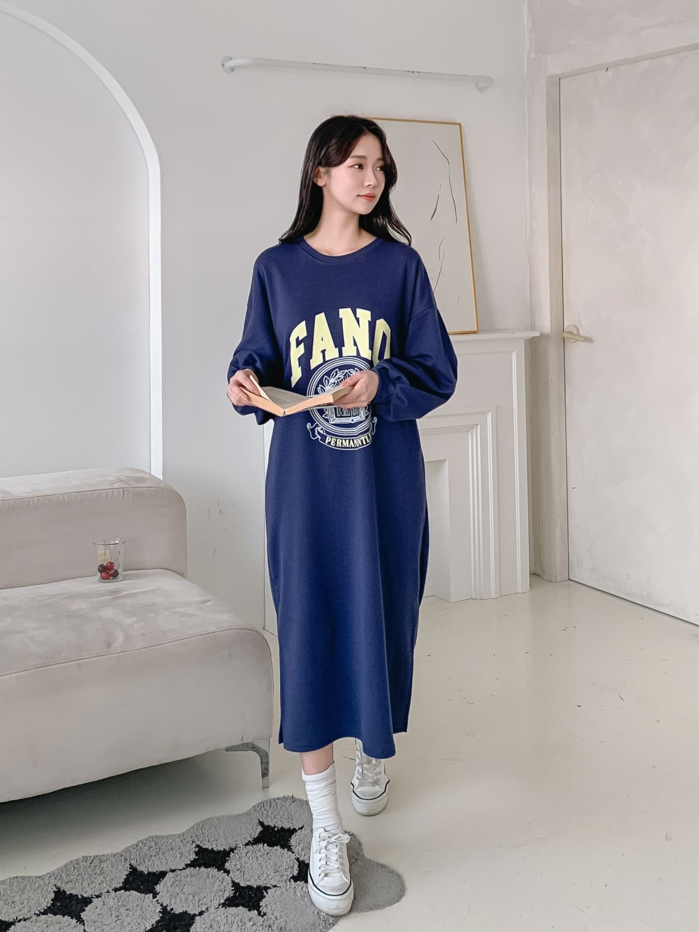 ラウンドネックスリットポケットパフスリーブオーバーサイズボクシーロング長袖ビッグプリントワンピース | 詳細画像7