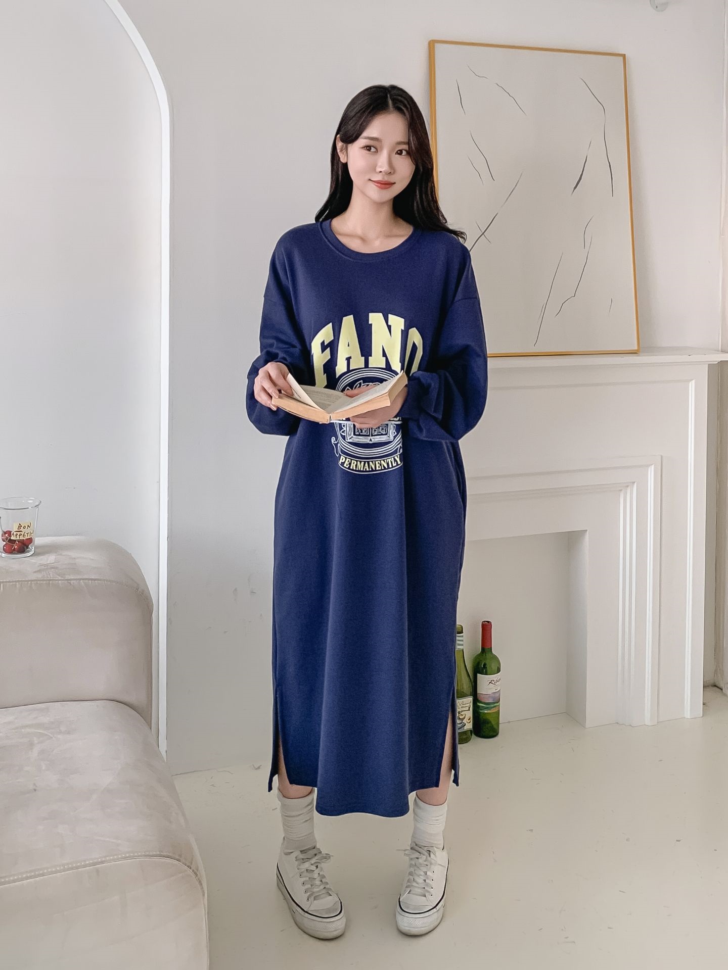 ラウンドネックスリットポケットパフスリーブオーバーサイズボクシーロング長袖ビッグプリントワンピース | 詳細画像11