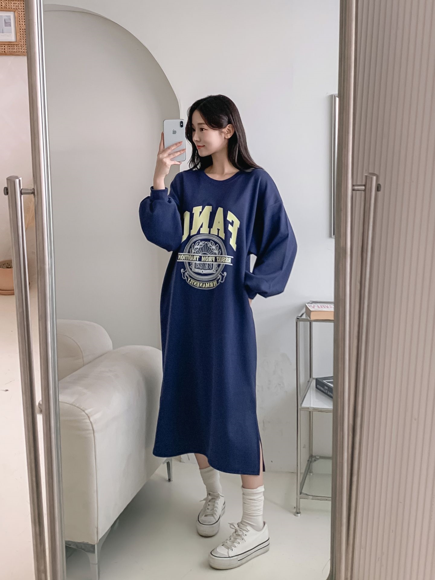 ラウンドネックスリットポケットパフスリーブオーバーサイズボクシーロング長袖ビッグプリントワンピース | 詳細画像14