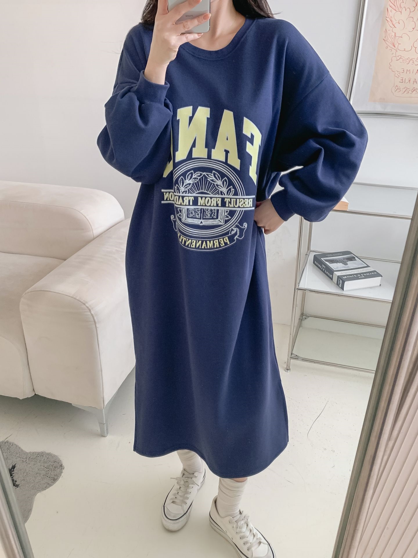 ラウンドネックスリットポケットパフスリーブオーバーサイズボクシーロング長袖ビッグプリントワンピース | 詳細画像15