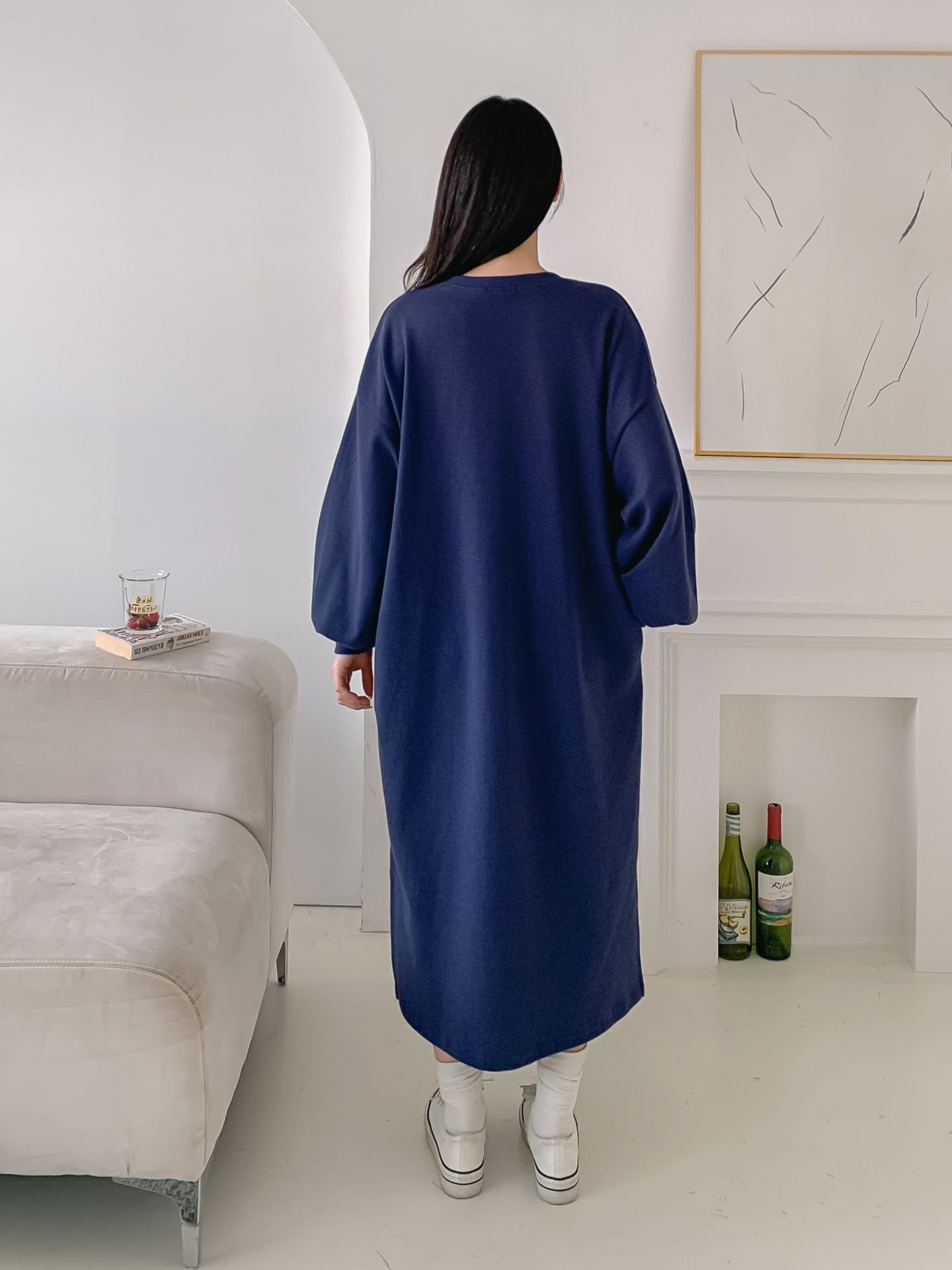 ラウンドネックスリットポケットパフスリーブオーバーサイズボクシーロング長袖ビッグプリントワンピース | 詳細画像16