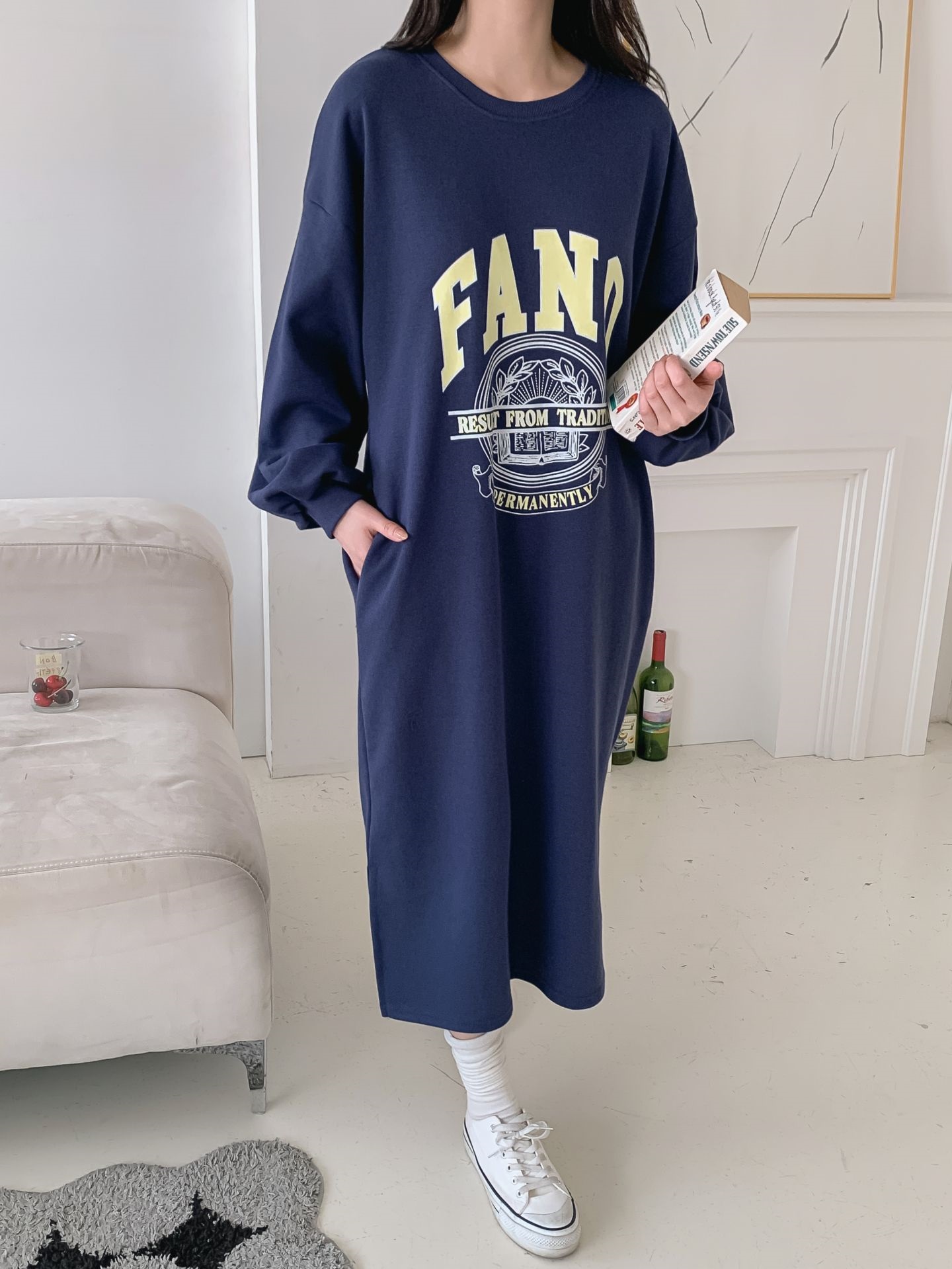 ラウンドネックスリットポケットパフスリーブオーバーサイズボクシーロング長袖ビッグプリントワンピース | 詳細画像20