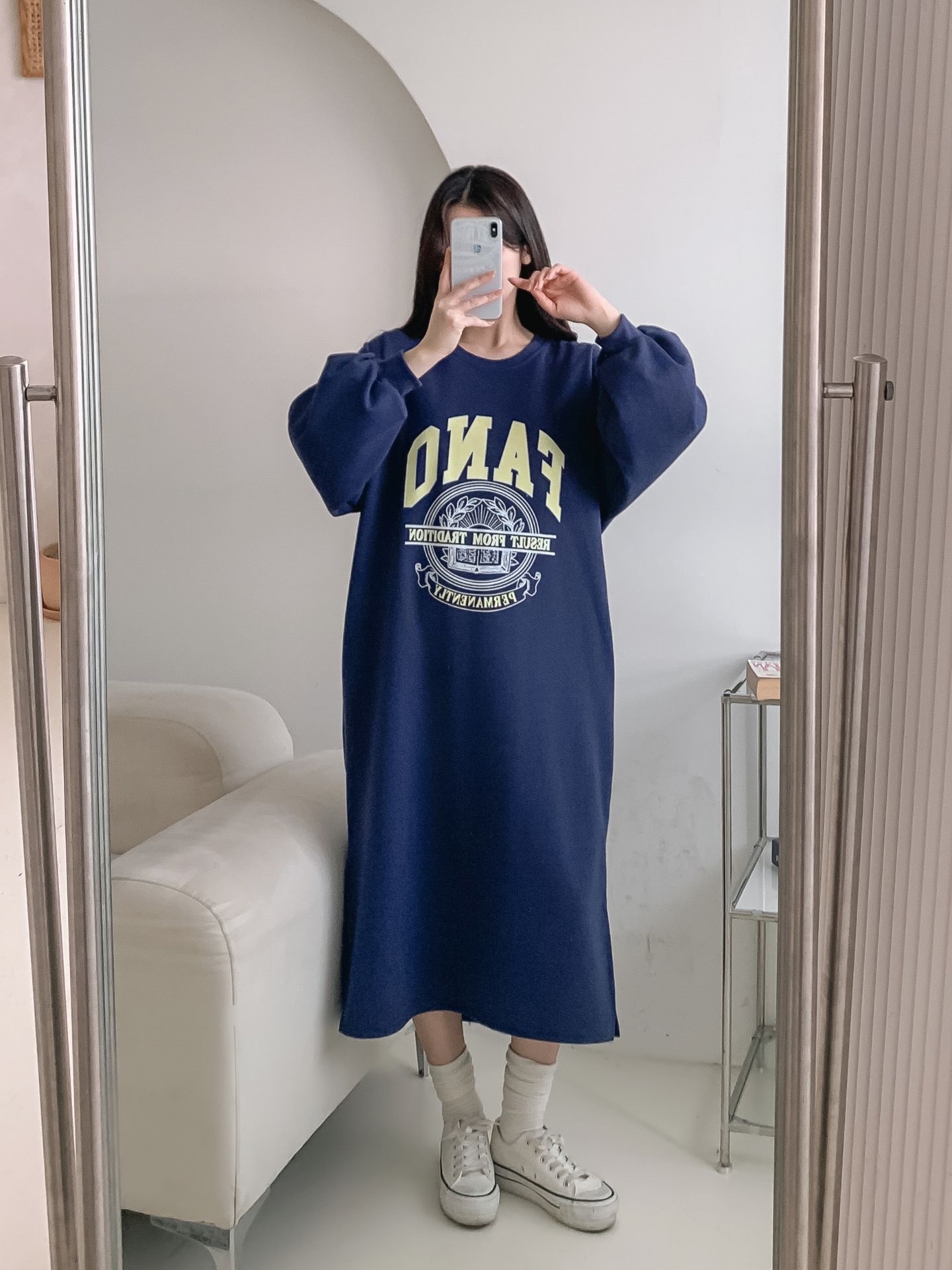 ラウンドネックスリットポケットパフスリーブオーバーサイズボクシーロング長袖ビッグプリントワンピース | 詳細画像21