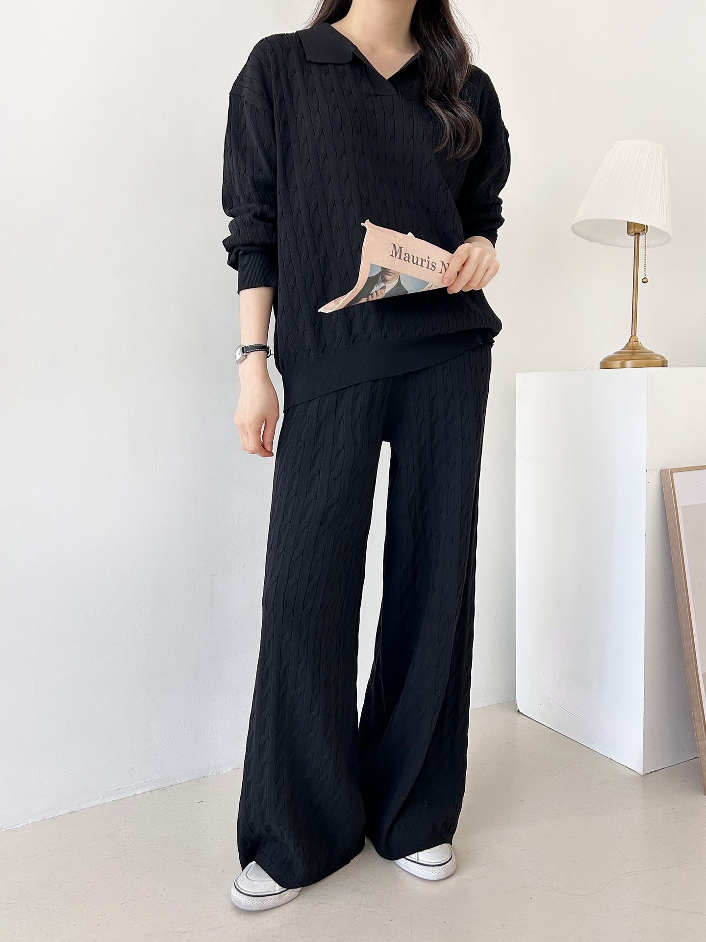 カラードローストリングケーブルウエストゴムセットアップパンツニット | 詳細画像3