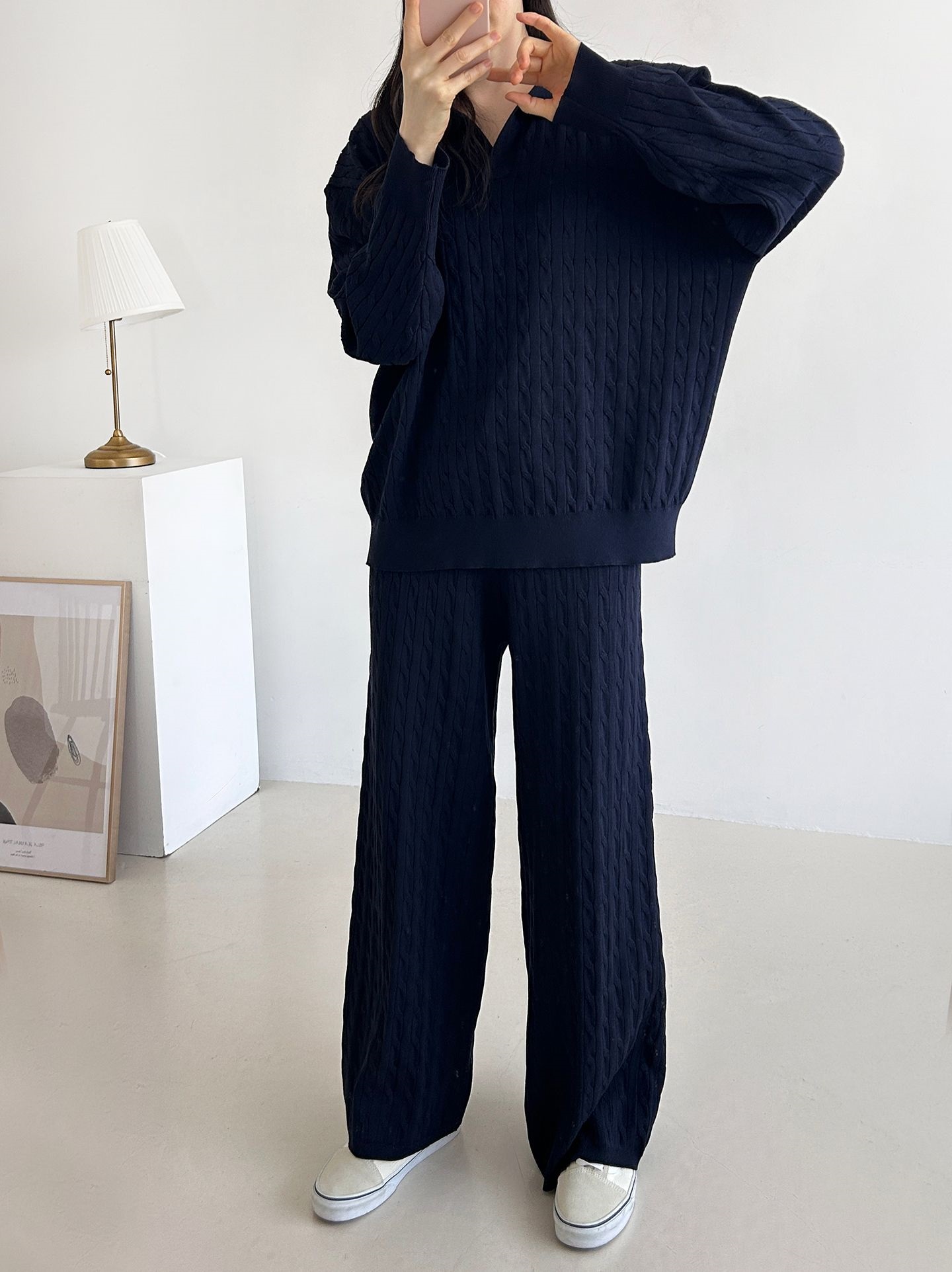 カラードローストリングケーブルウエストゴムセットアップパンツニット | 詳細画像5