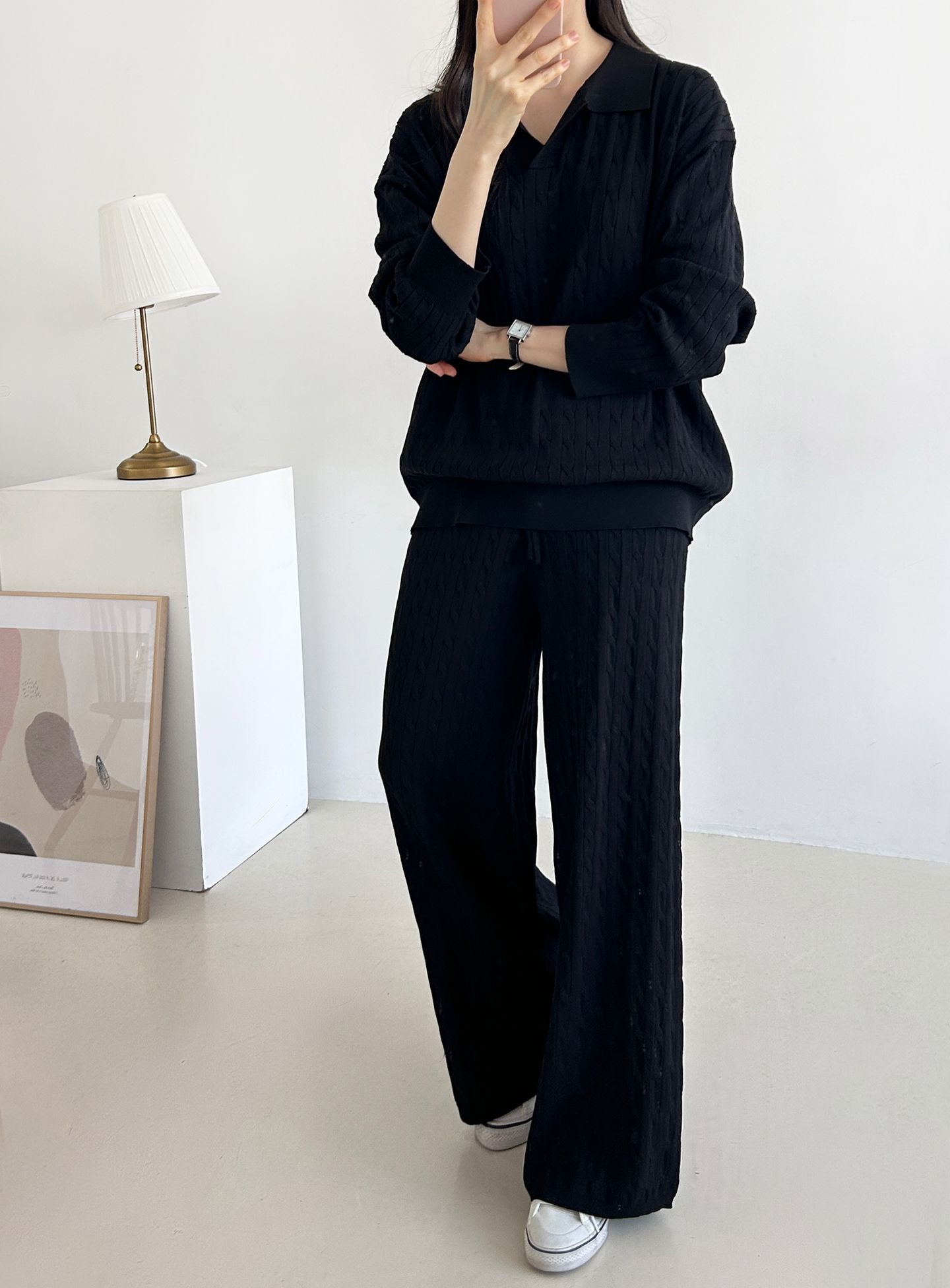 カラードローストリングケーブルウエストゴムセットアップパンツニット | 詳細画像7