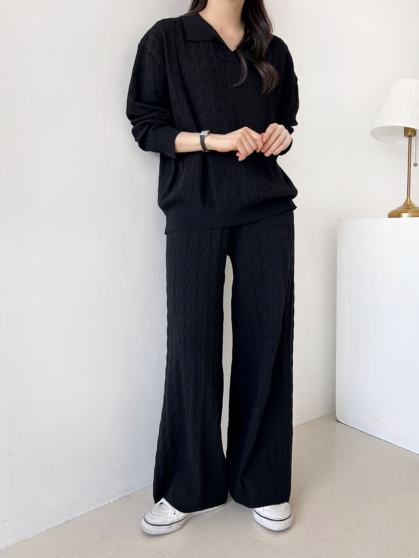 カラードローストリングケーブルウエストゴムセットアップパンツニット | 詳細画像9