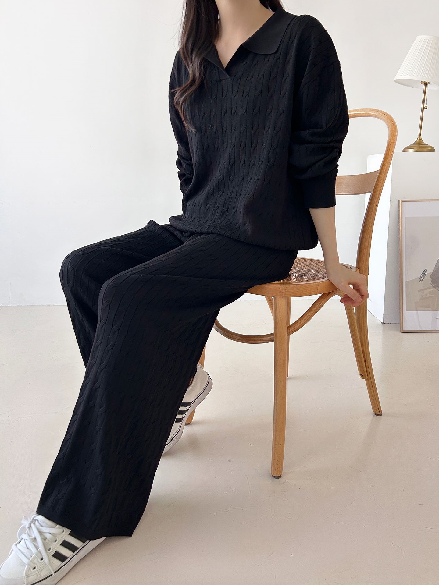 カラードローストリングケーブルウエストゴムセットアップパンツニット | 詳細画像12