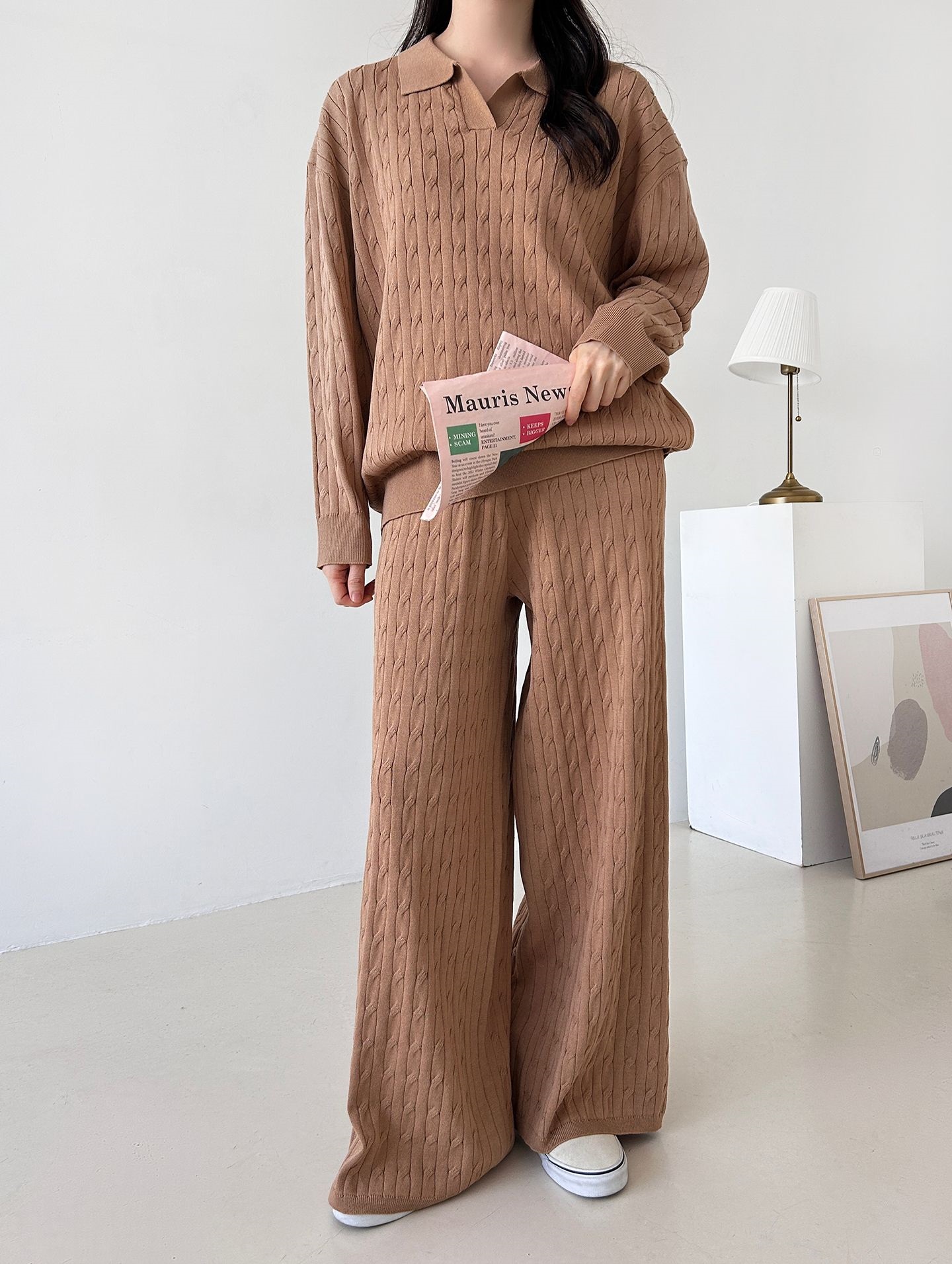 カラードローストリングケーブルウエストゴムセットアップパンツニット | 詳細画像13