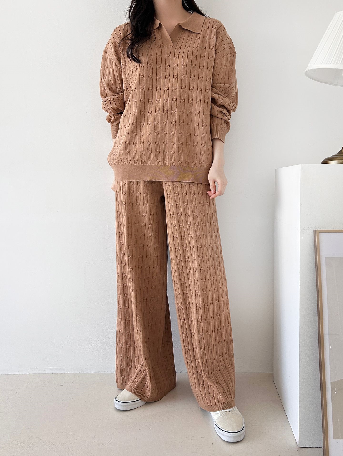 カラードローストリングケーブルウエストゴムセットアップパンツニット | 詳細画像14