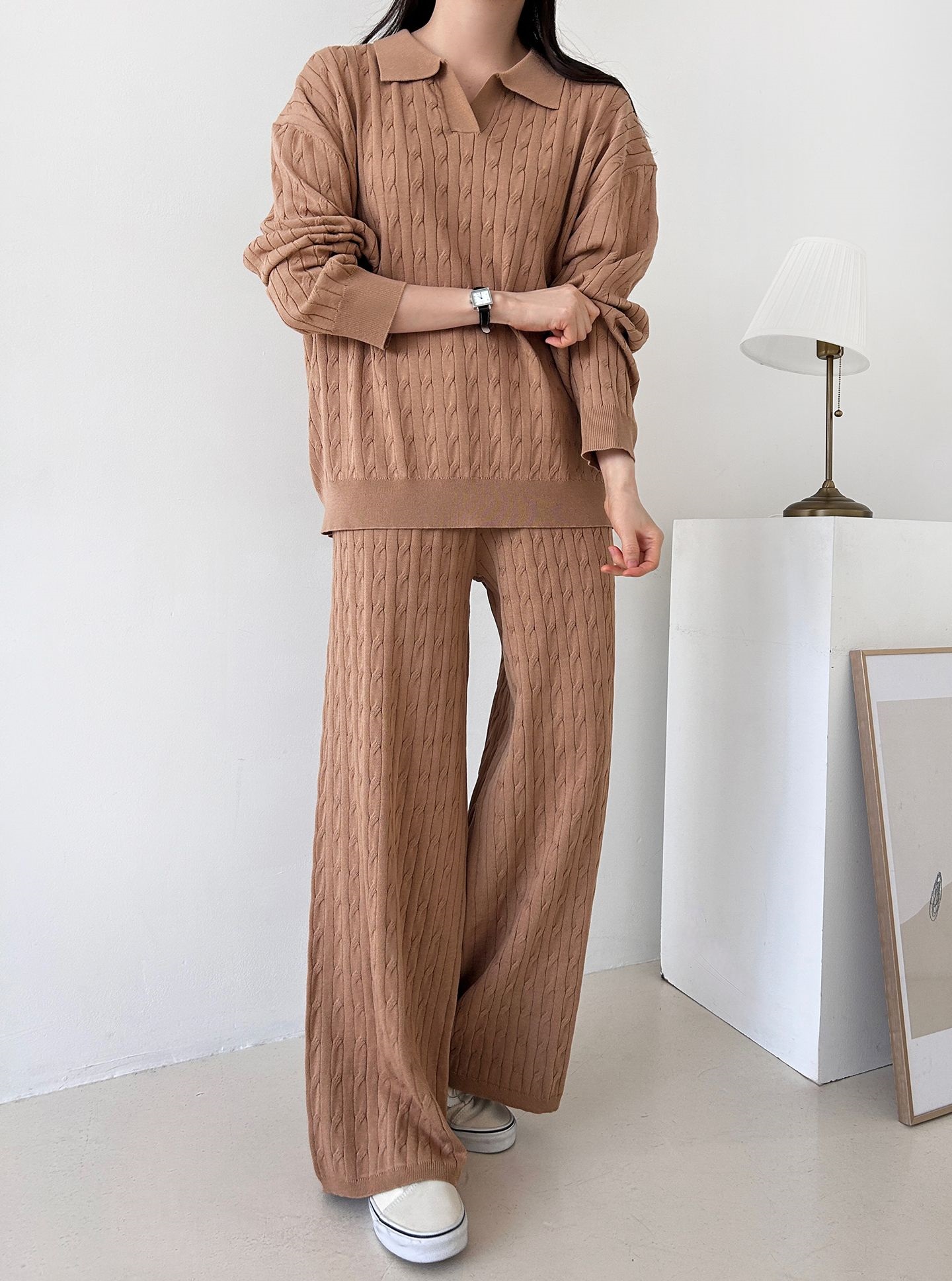 カラードローストリングケーブルウエストゴムセットアップパンツニット | 詳細画像16