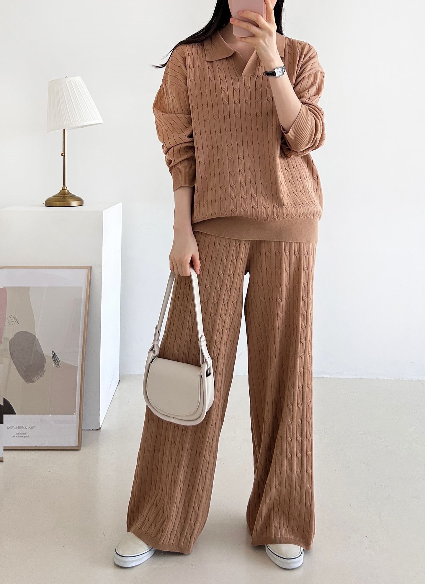 カラードローストリングケーブルウエストゴムセットアップパンツニット | 詳細画像17