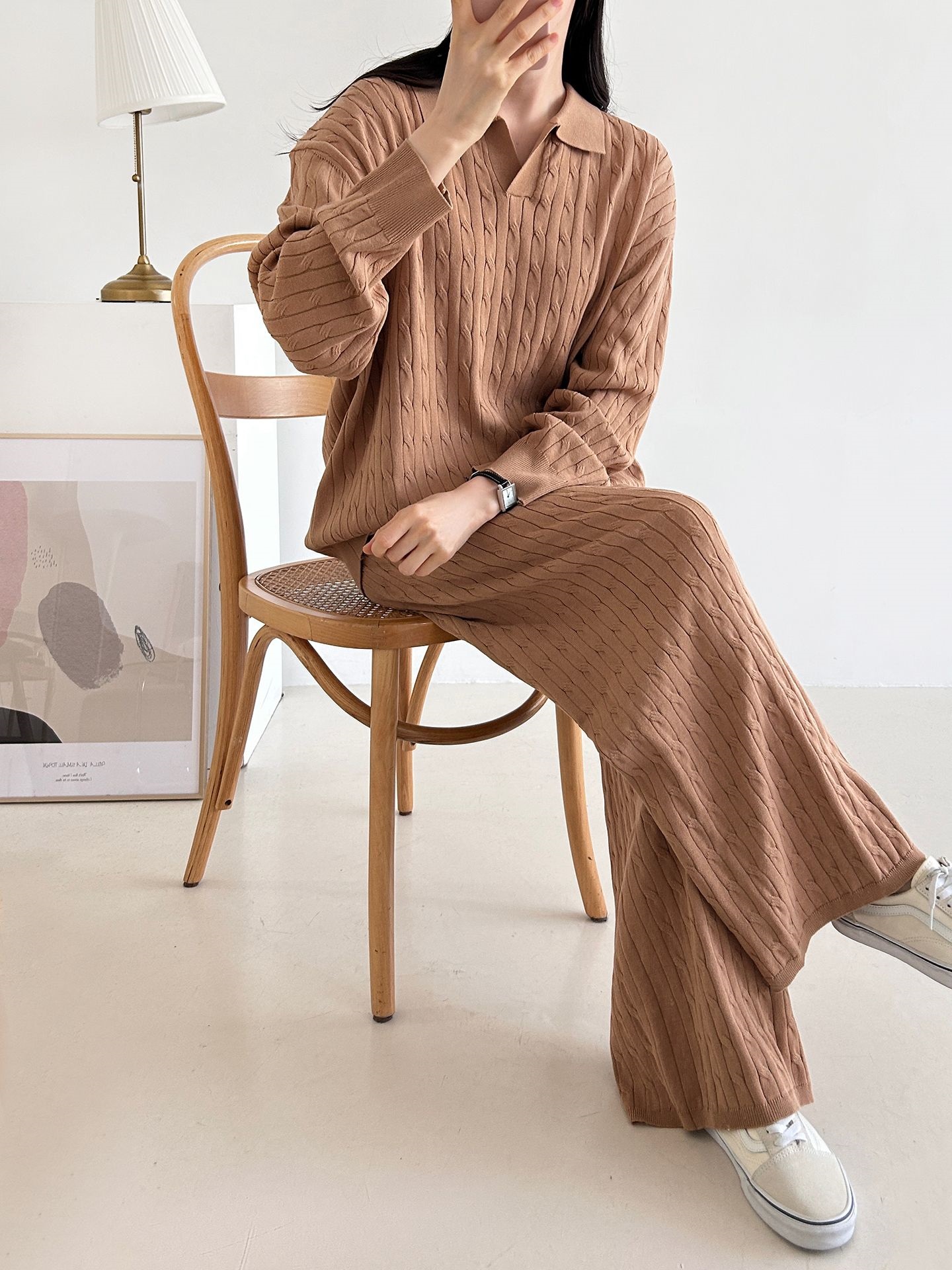 カラードローストリングケーブルウエストゴムセットアップパンツニット | 詳細画像22