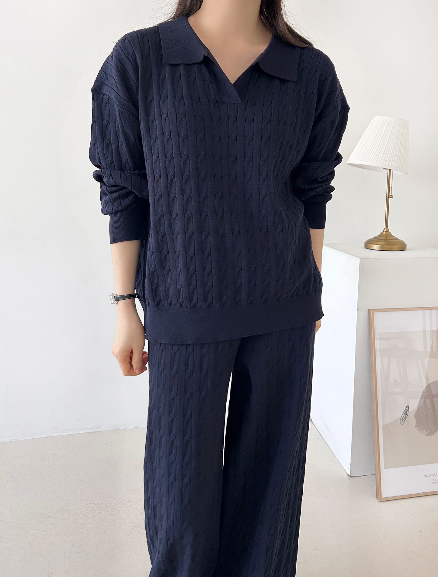 カラードローストリングケーブルウエストゴムセットアップパンツニット | 詳細画像23