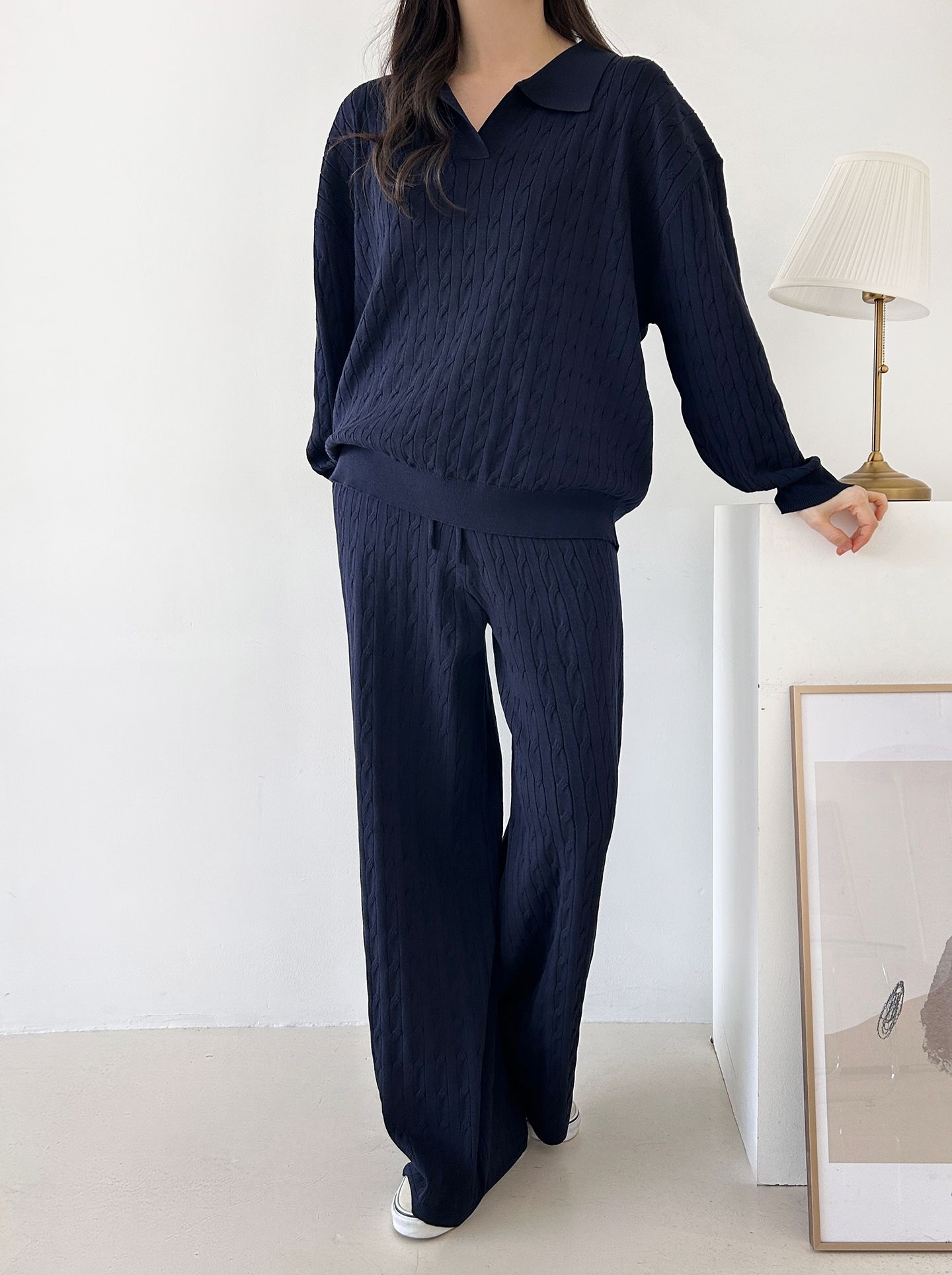 カラードローストリングケーブルウエストゴムセットアップパンツニット | 詳細画像25