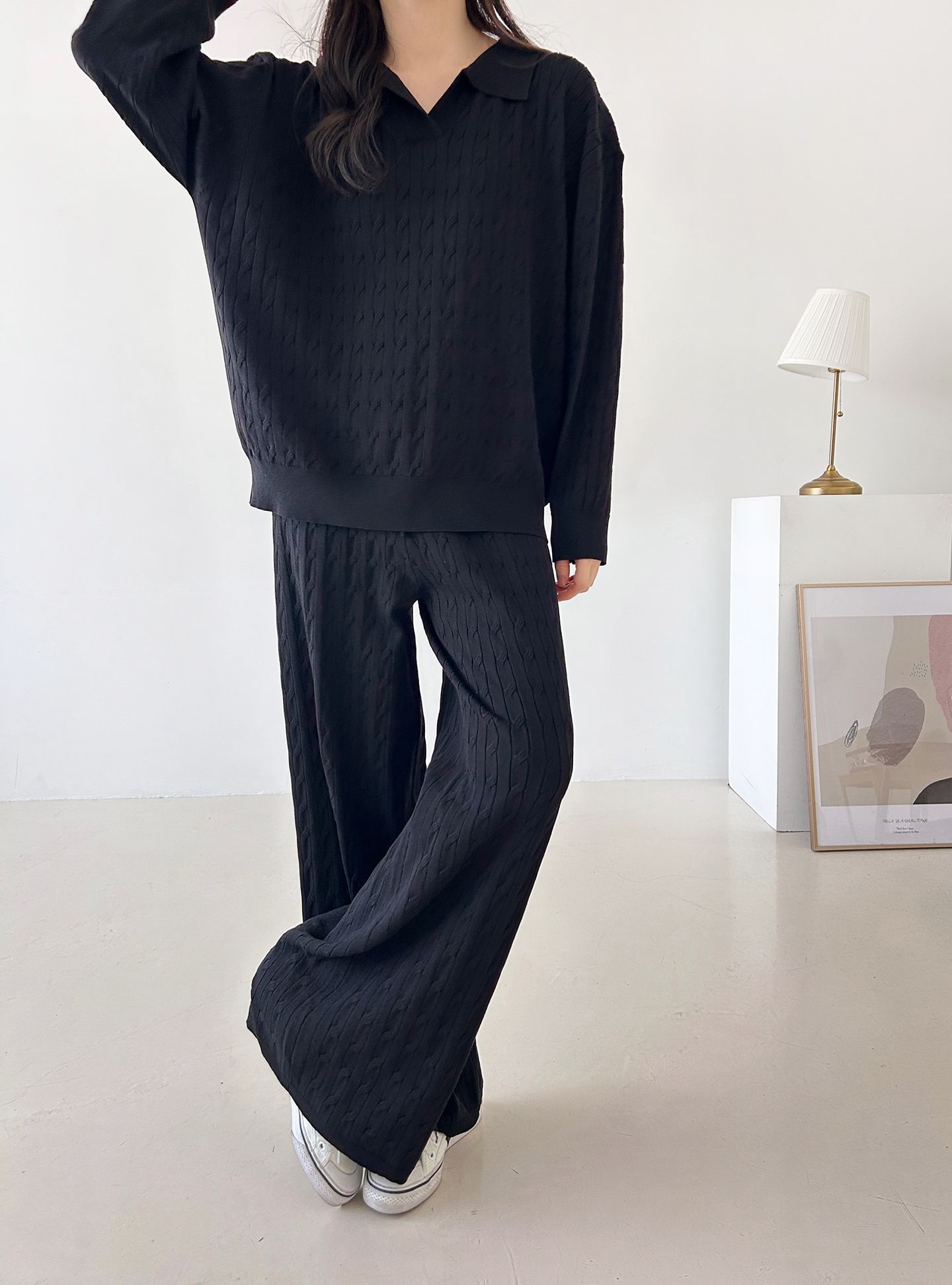 カラードローストリングケーブルウエストゴムセットアップパンツニット | 詳細画像30