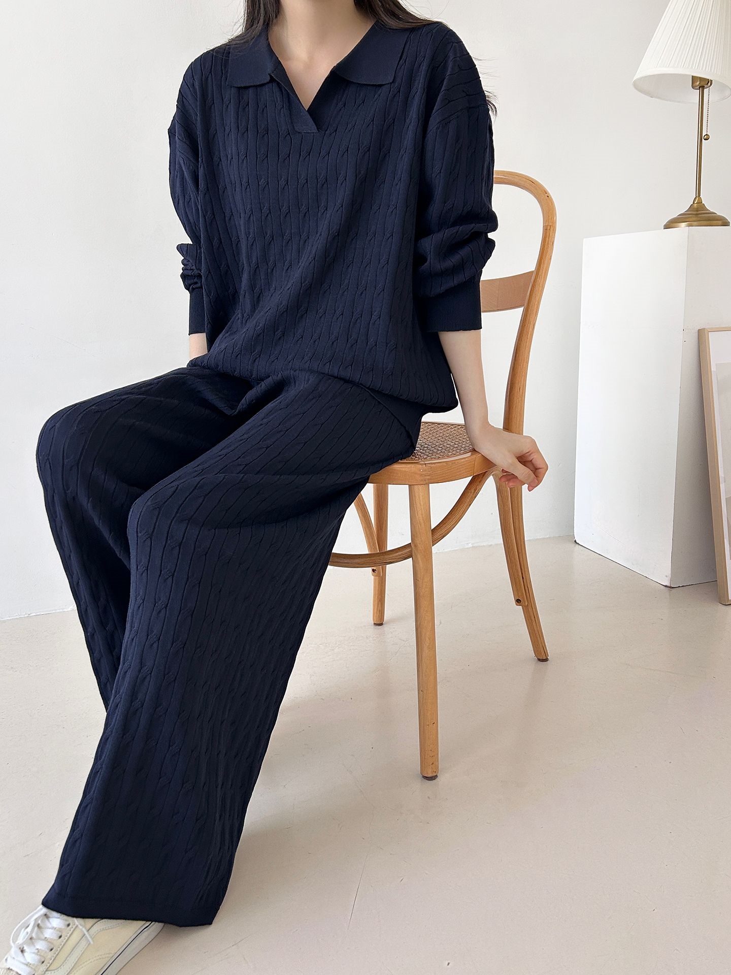 カラードローストリングケーブルウエストゴムセットアップパンツニット | 詳細画像35