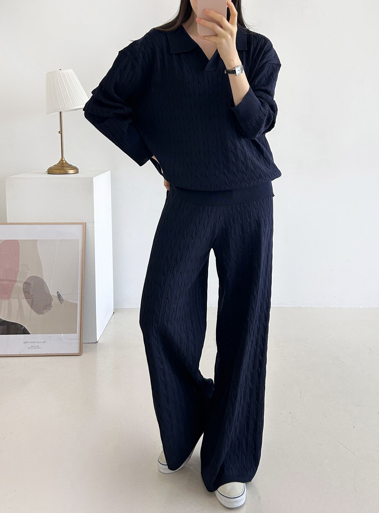 カラードローストリングケーブルウエストゴムセットアップパンツニット | 詳細画像29