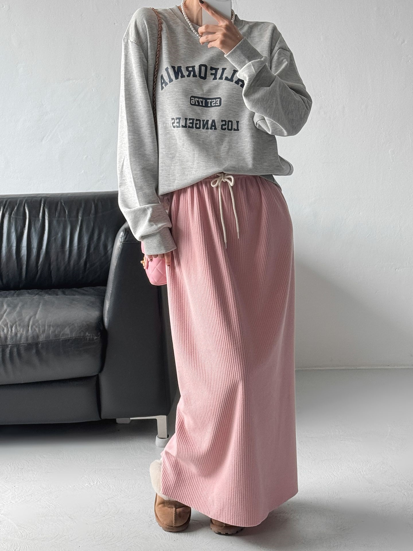 起毛リブドローストリングスリットウエストゴムロングスカート | 詳細画像6