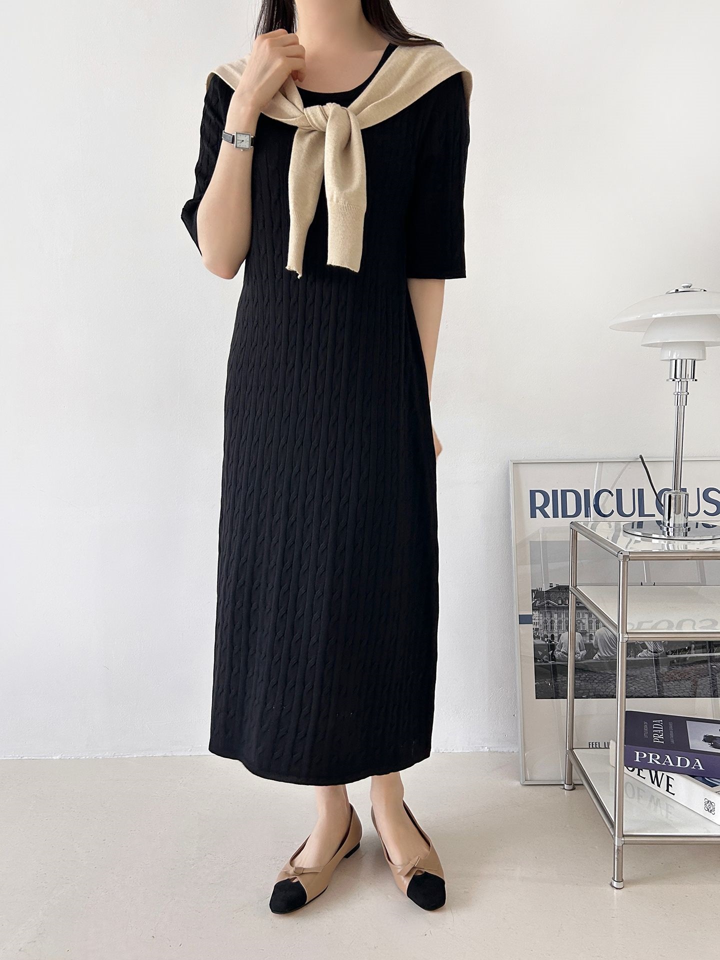 ニットラウンドネックケーブルロング半袖ワンピース | 詳細画像3