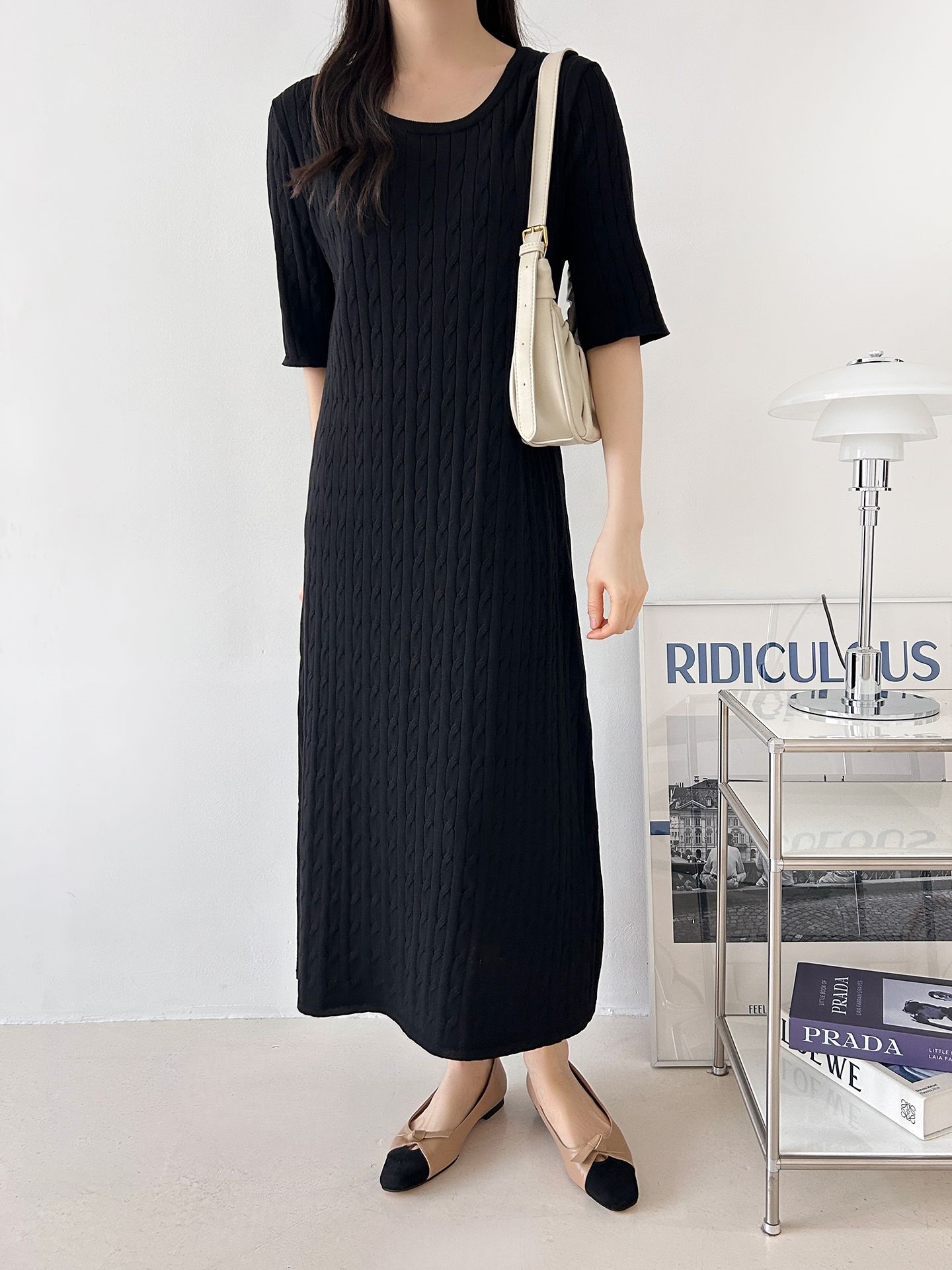 ニットラウンドネックケーブルロング半袖ワンピース | 詳細画像4