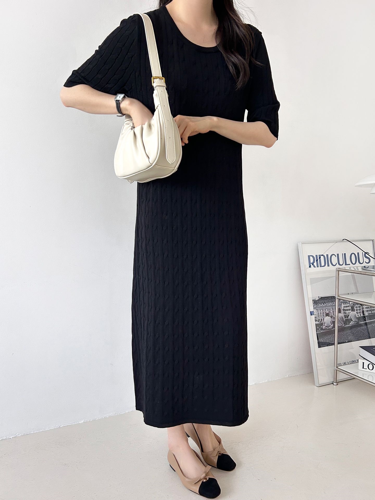 ニットラウンドネックケーブルロング半袖ワンピース | 詳細画像6