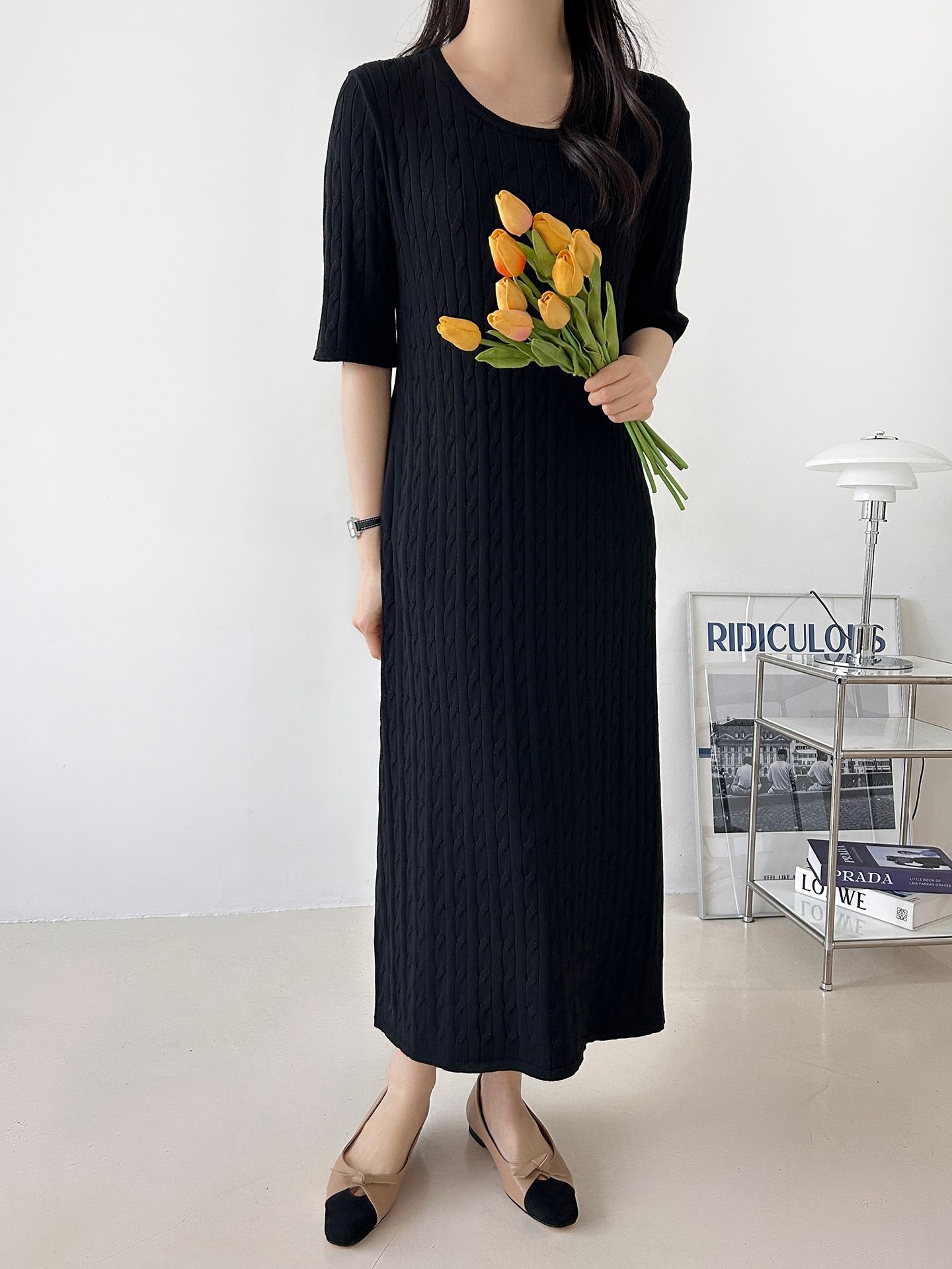 ニットラウンドネックケーブルロング半袖ワンピース | 詳細画像7