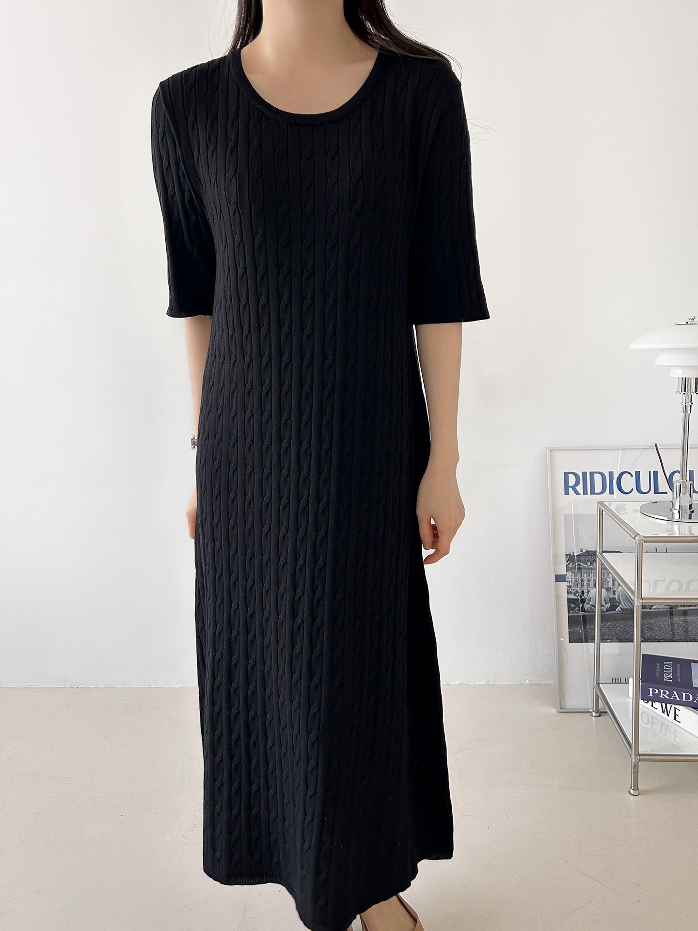 ニットラウンドネックケーブルロング半袖ワンピース | 詳細画像9
