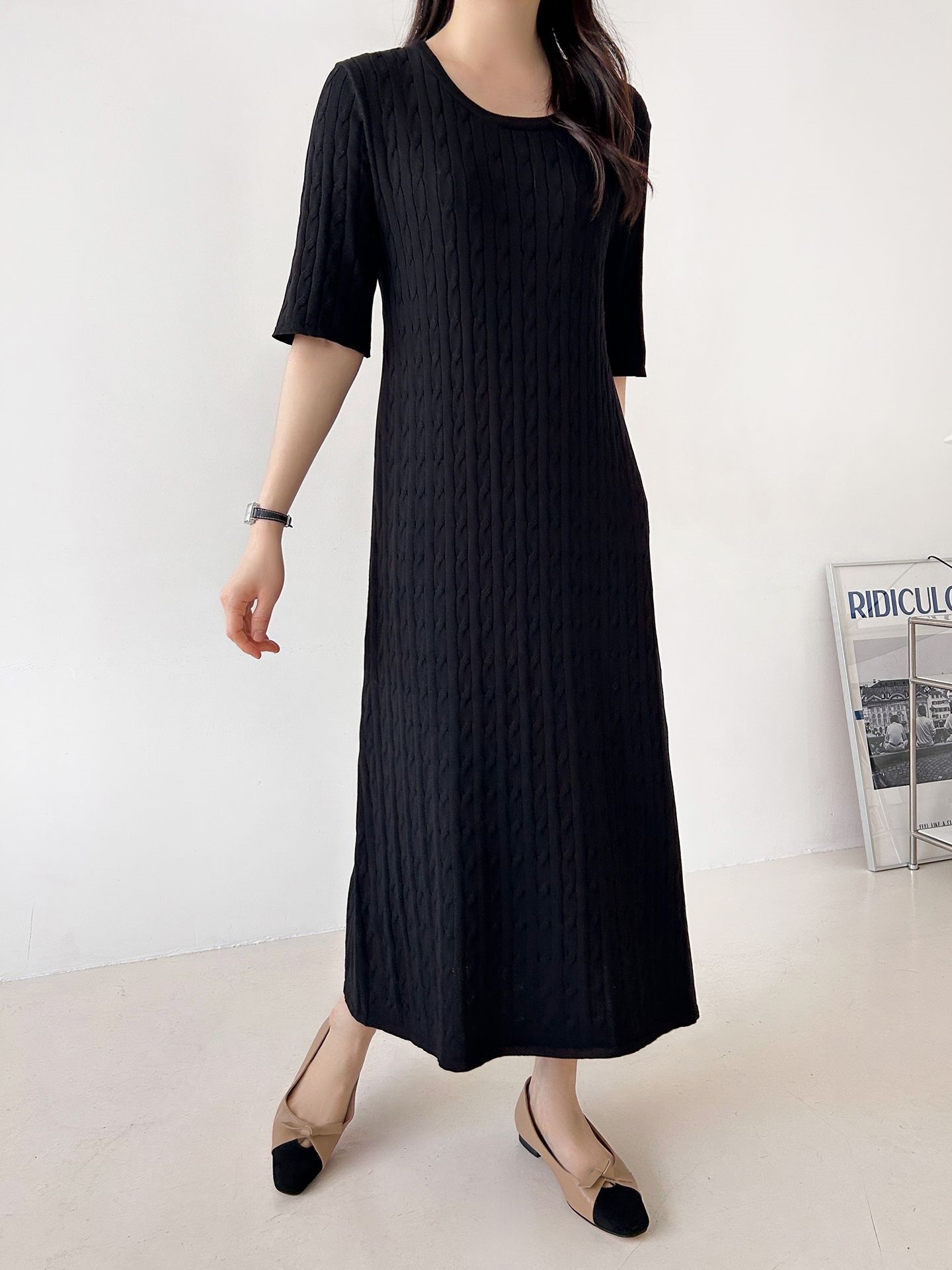 ニットラウンドネックケーブルロング半袖ワンピース | 詳細画像10