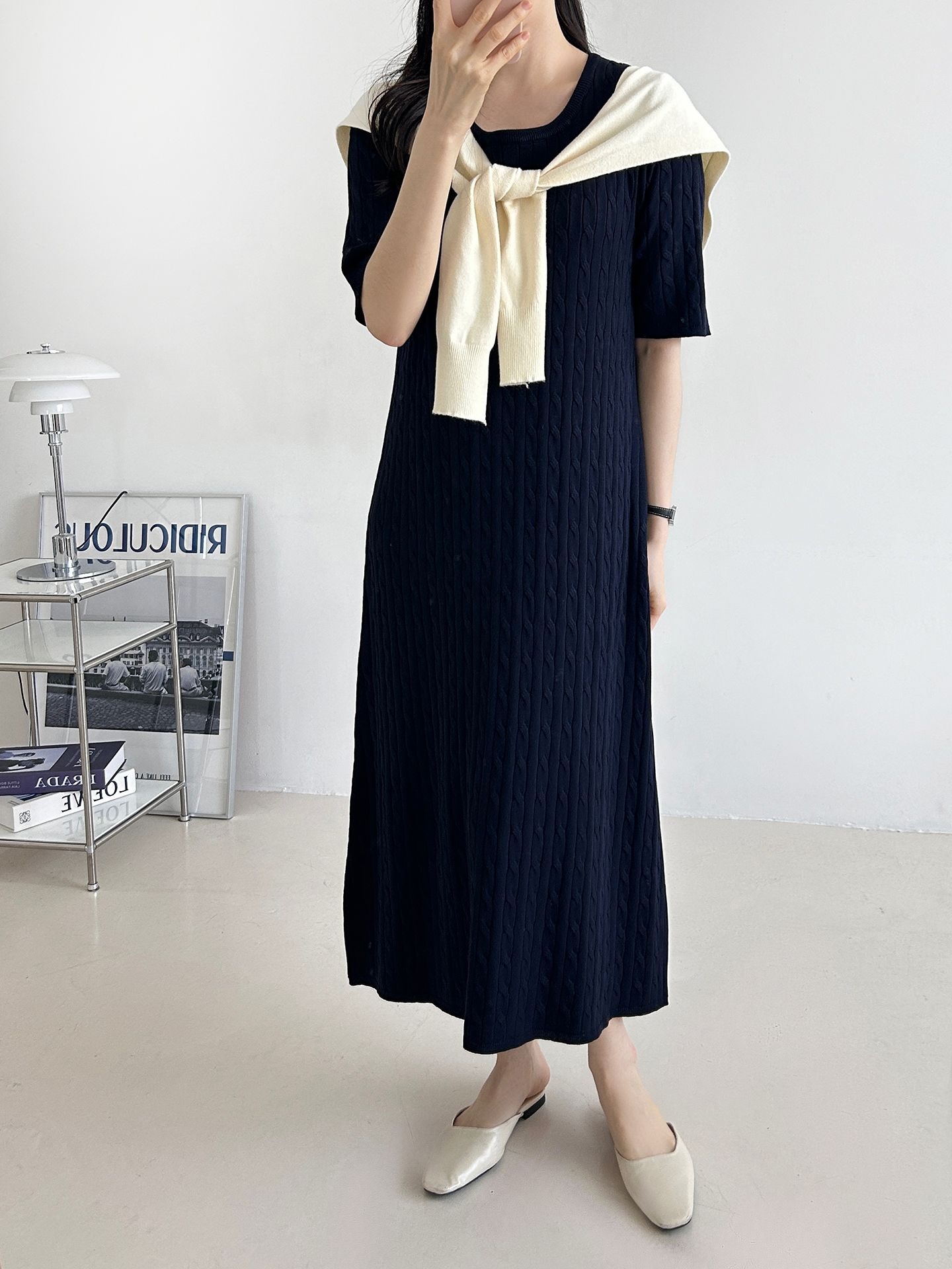 ニットラウンドネックケーブルロング半袖ワンピース | 詳細画像11