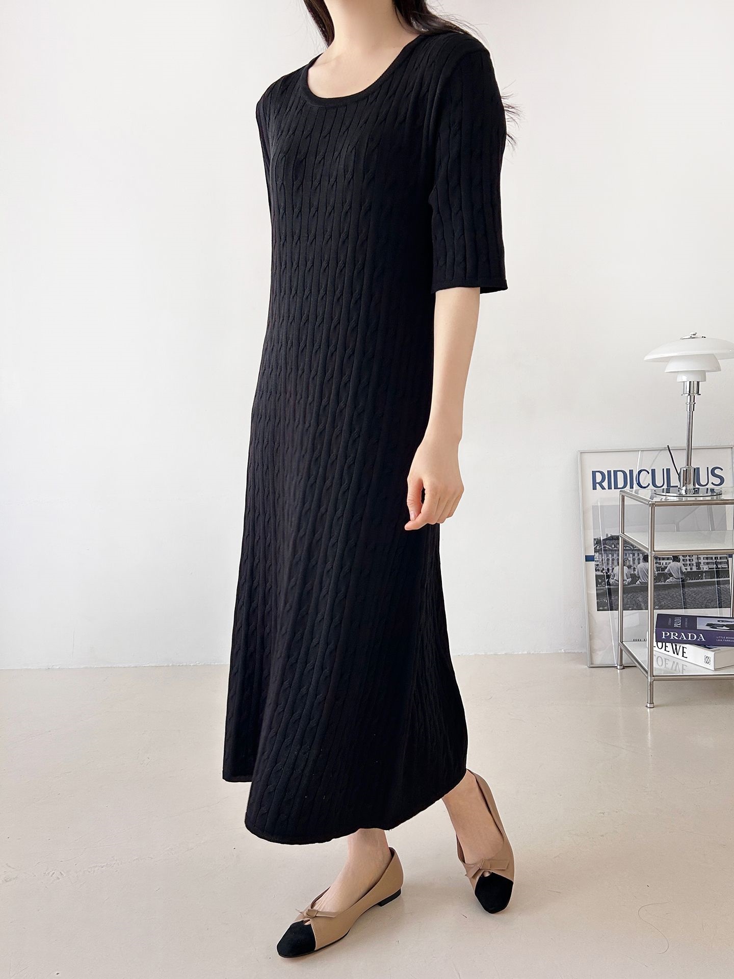 ニットラウンドネックケーブルロング半袖ワンピース | 詳細画像12