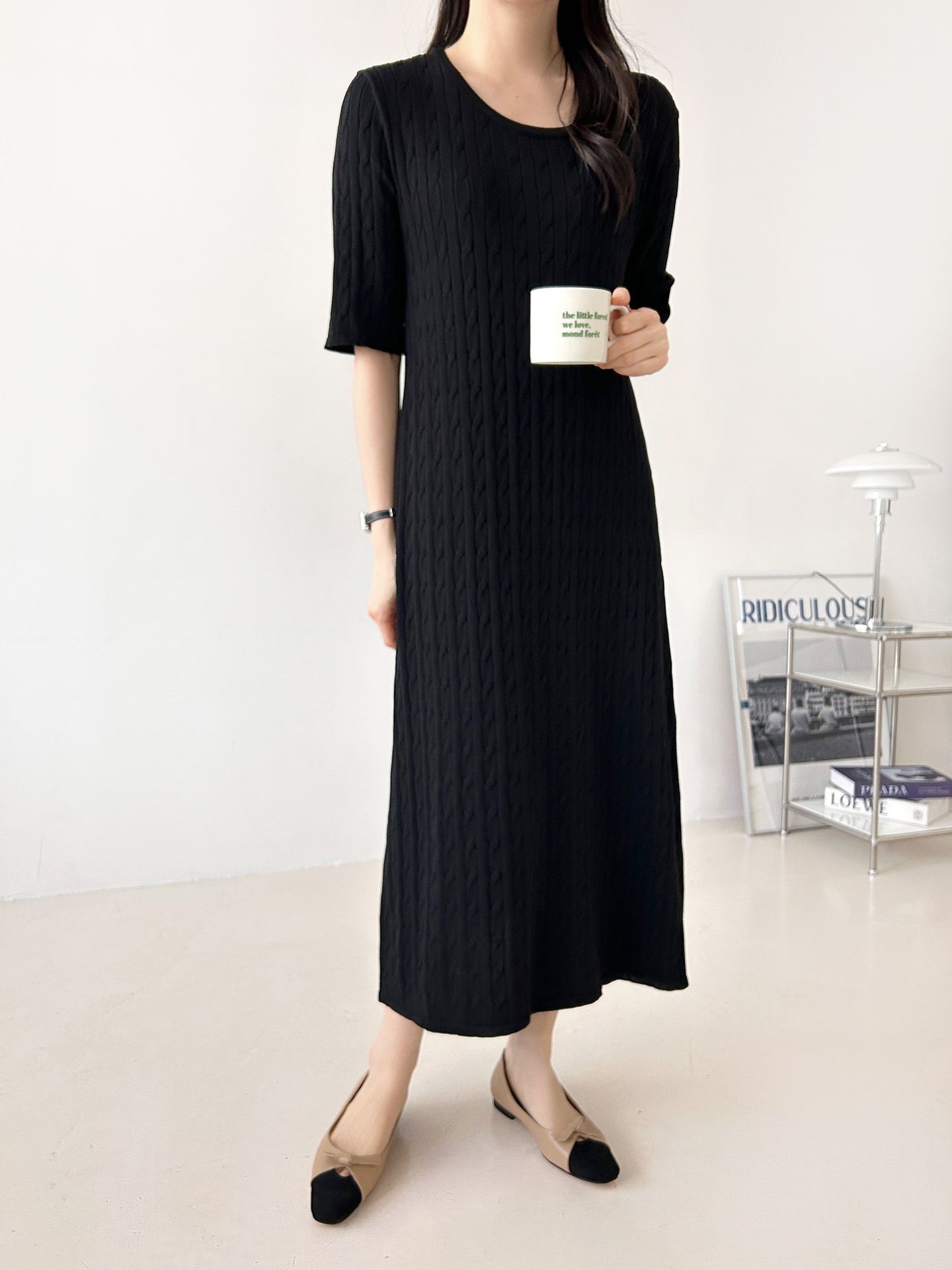 ニットラウンドネックケーブルロング半袖ワンピース | 詳細画像13