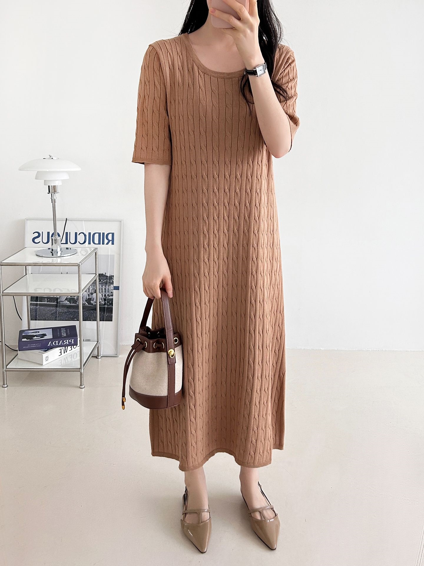 ニットラウンドネックケーブルロング半袖ワンピース | 詳細画像15