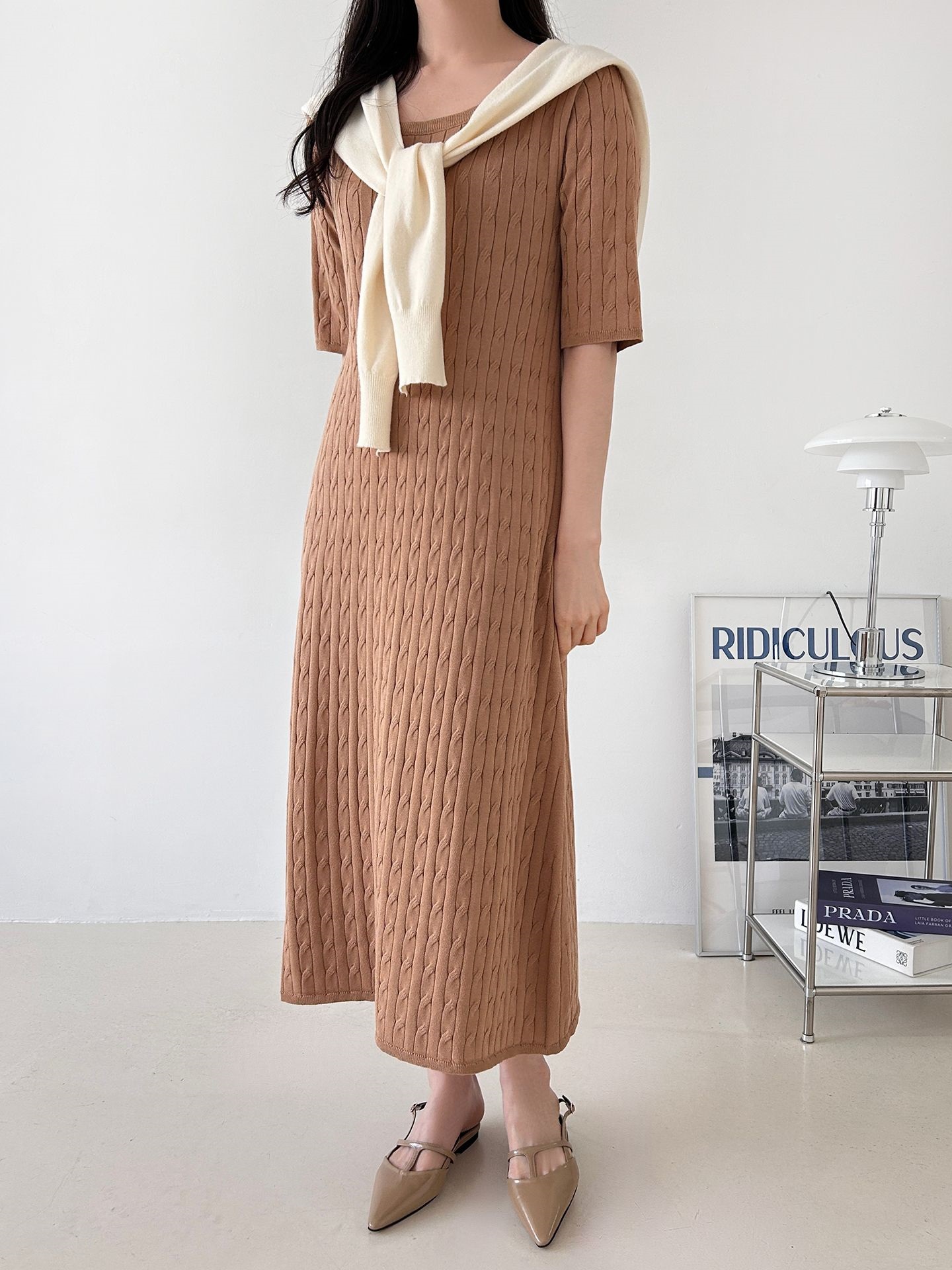 ニットラウンドネックケーブルロング半袖ワンピース | 詳細画像14