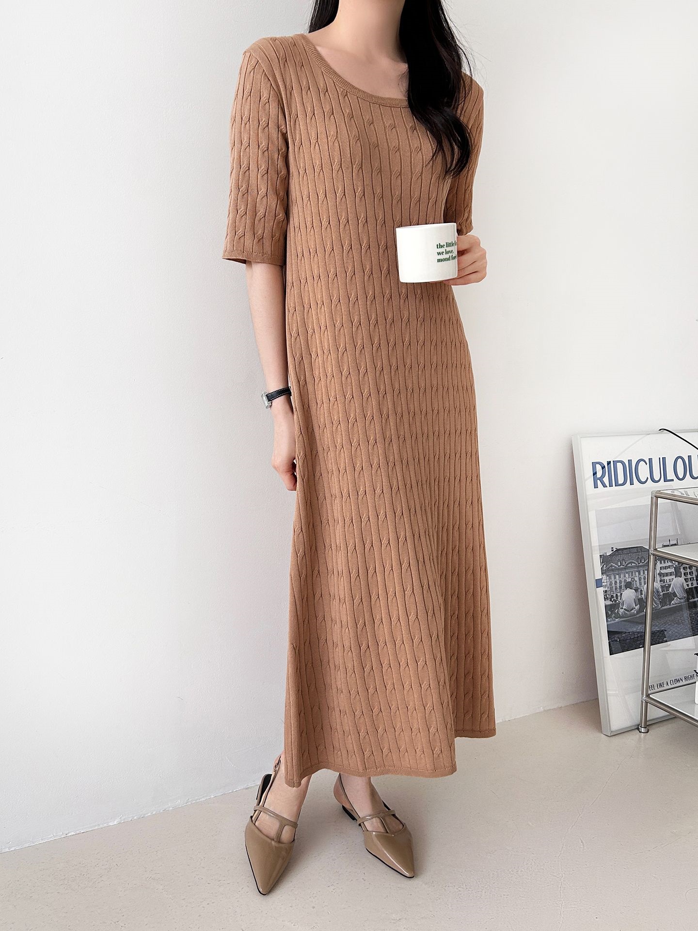 ニットラウンドネックケーブルロング半袖ワンピース | 詳細画像16
