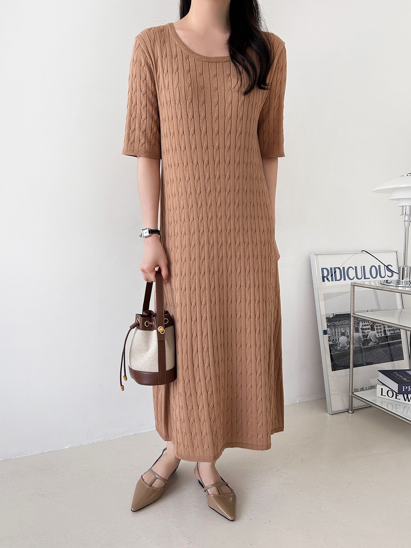 ニットラウンドネックケーブルロング半袖ワンピース | 詳細画像17