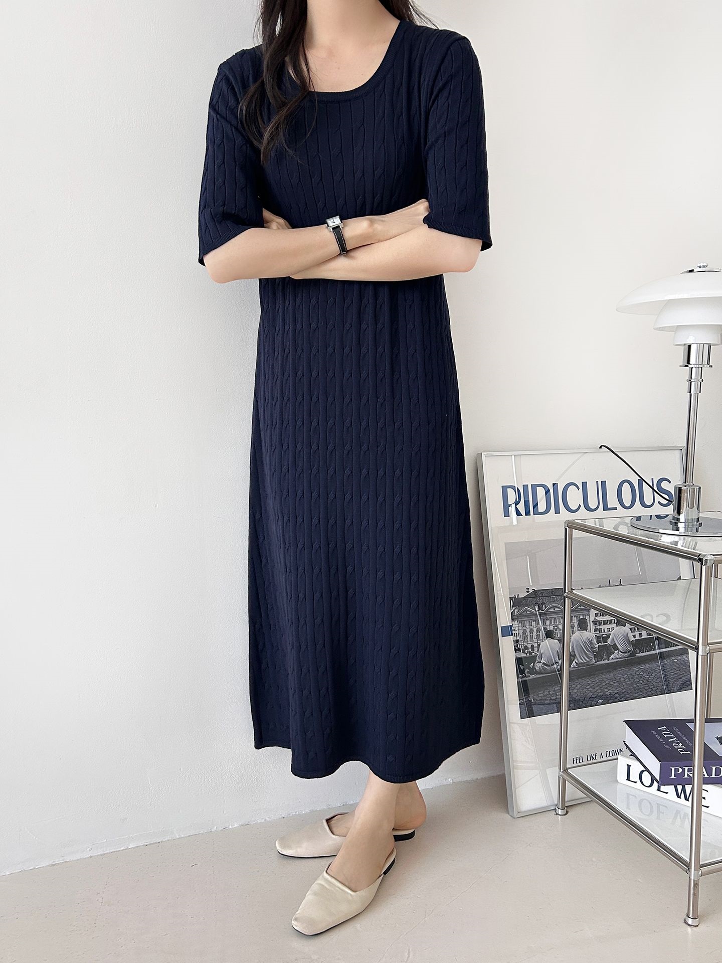 ニットラウンドネックケーブルロング半袖ワンピース | 詳細画像30