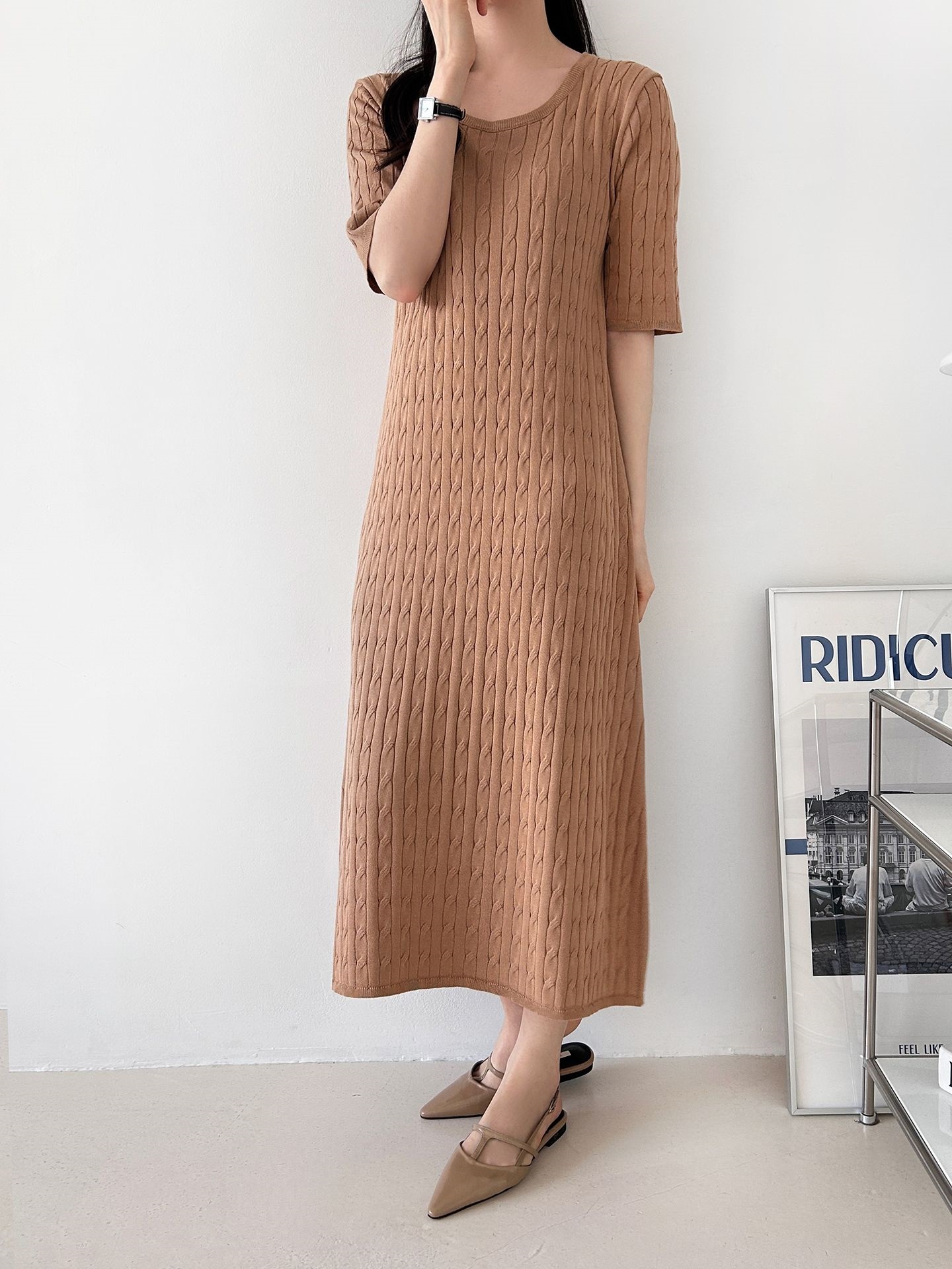 ニットラウンドネックケーブルロング半袖ワンピース | 詳細画像19