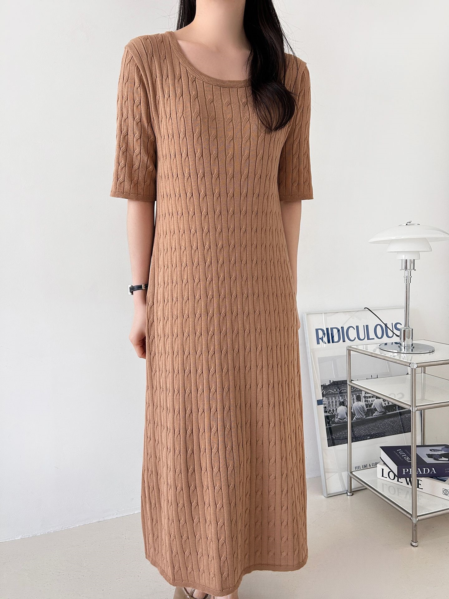 ニットラウンドネックケーブルロング半袖ワンピース | 詳細画像20