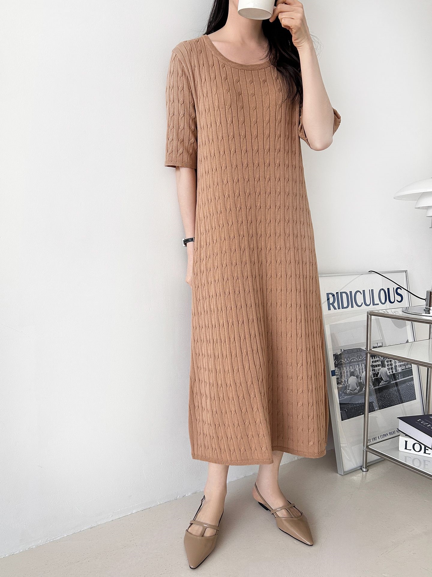 ニットラウンドネックケーブルロング半袖ワンピース | 詳細画像21