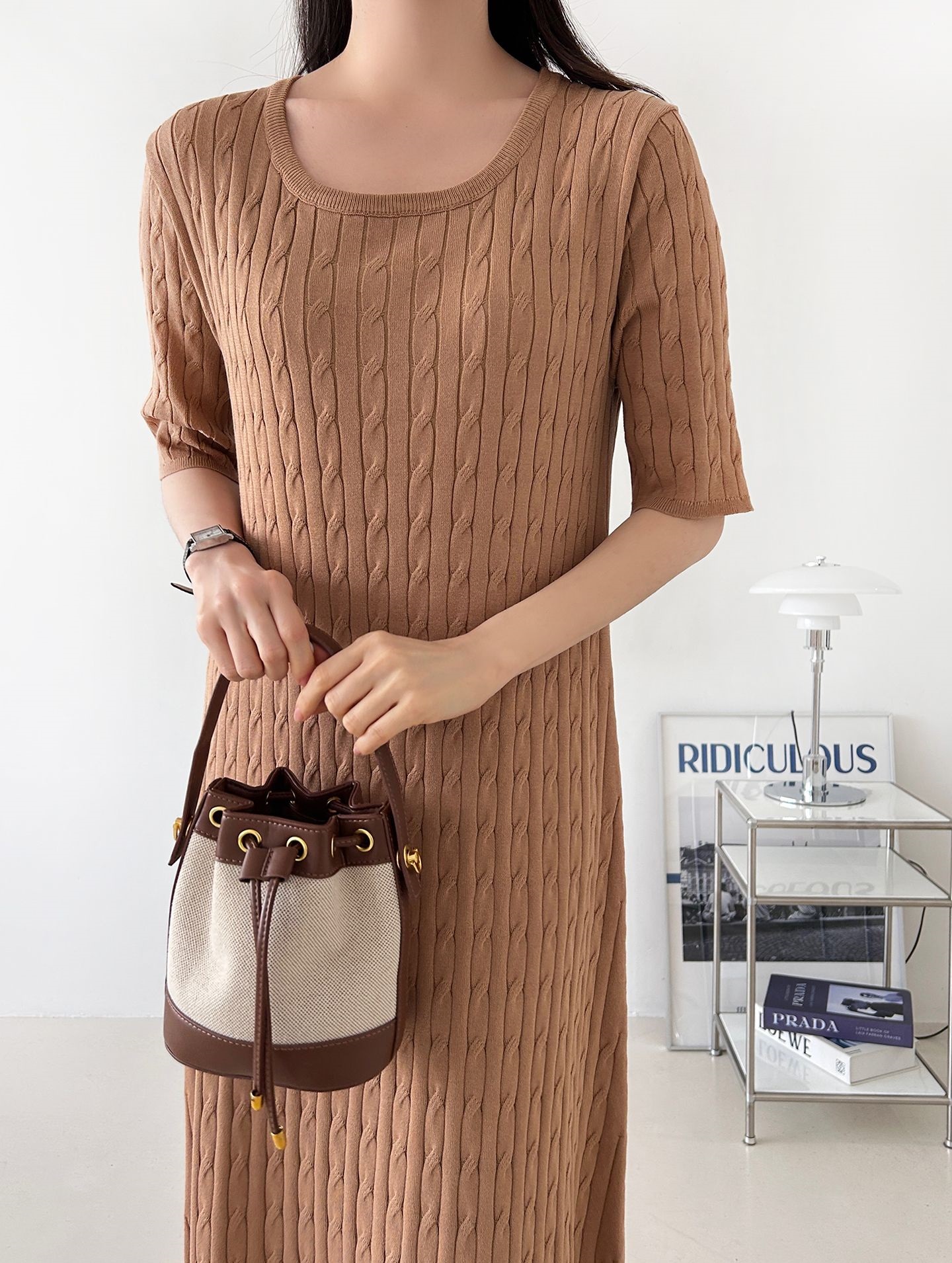 ニットラウンドネックケーブルロング半袖ワンピース | 詳細画像22