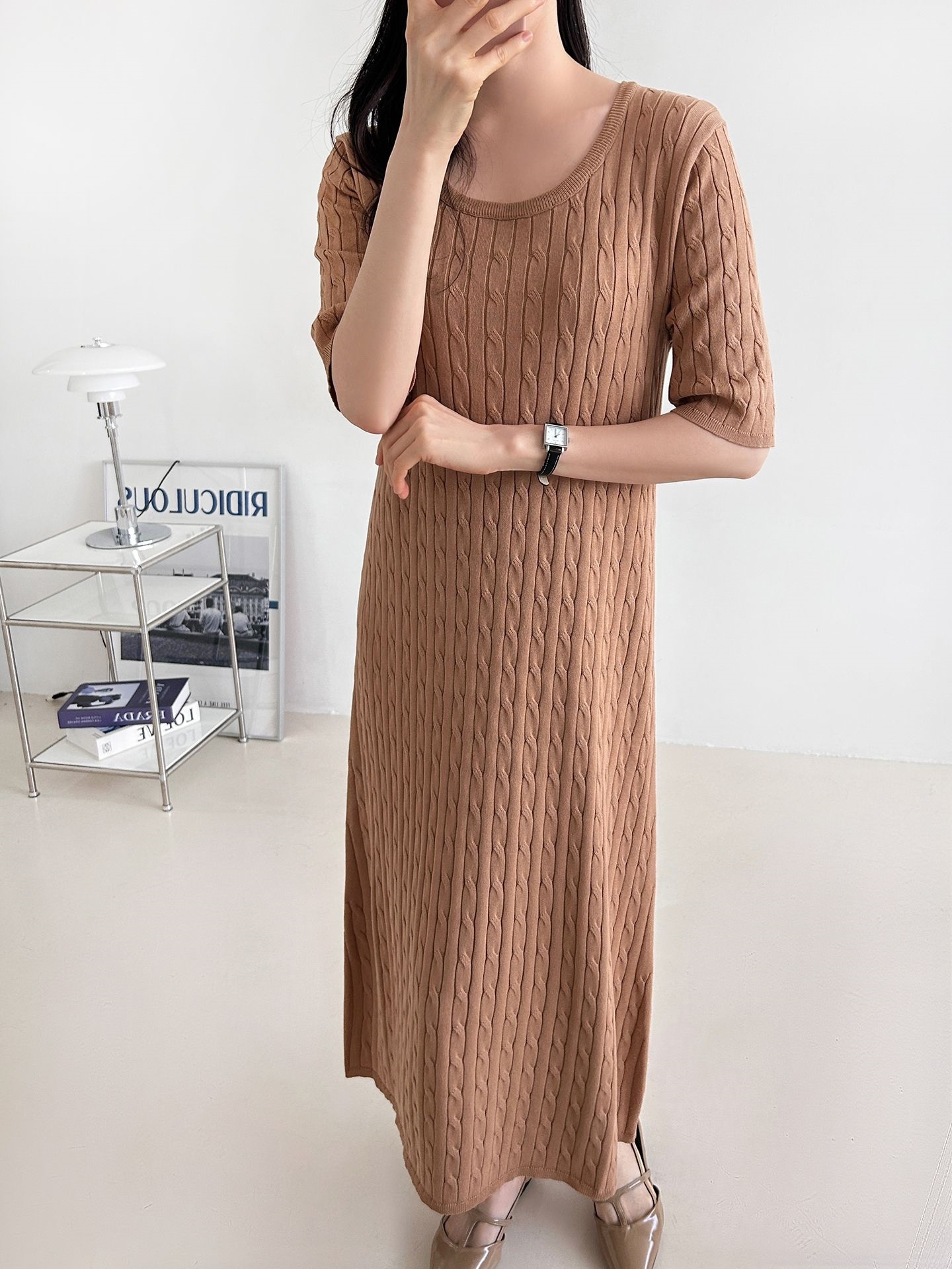 ニットラウンドネックケーブルロング半袖ワンピース | 詳細画像24