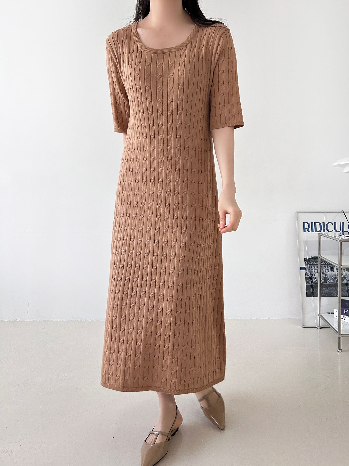 ニットラウンドネックケーブルロング半袖ワンピース | 詳細画像25