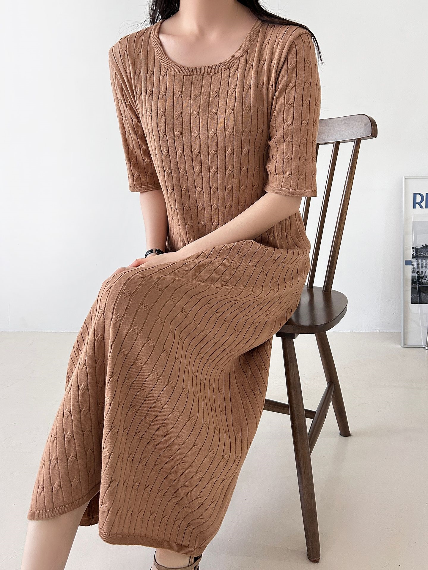 ニットラウンドネックケーブルロング半袖ワンピース | 詳細画像27