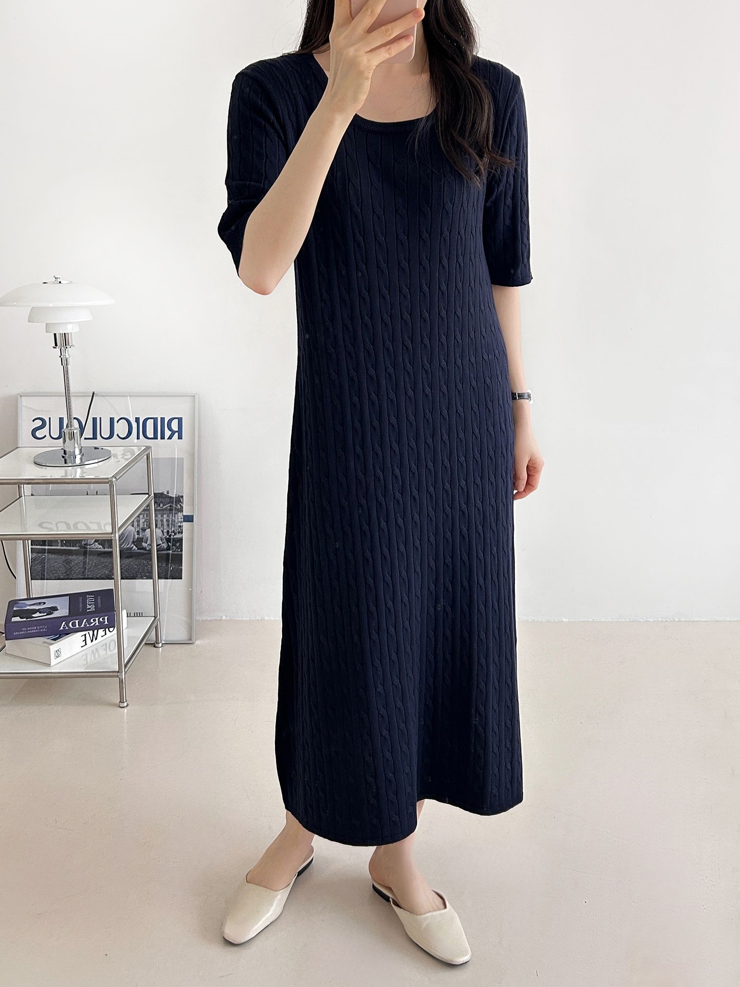 ニットラウンドネックケーブルロング半袖ワンピース | 詳細画像29