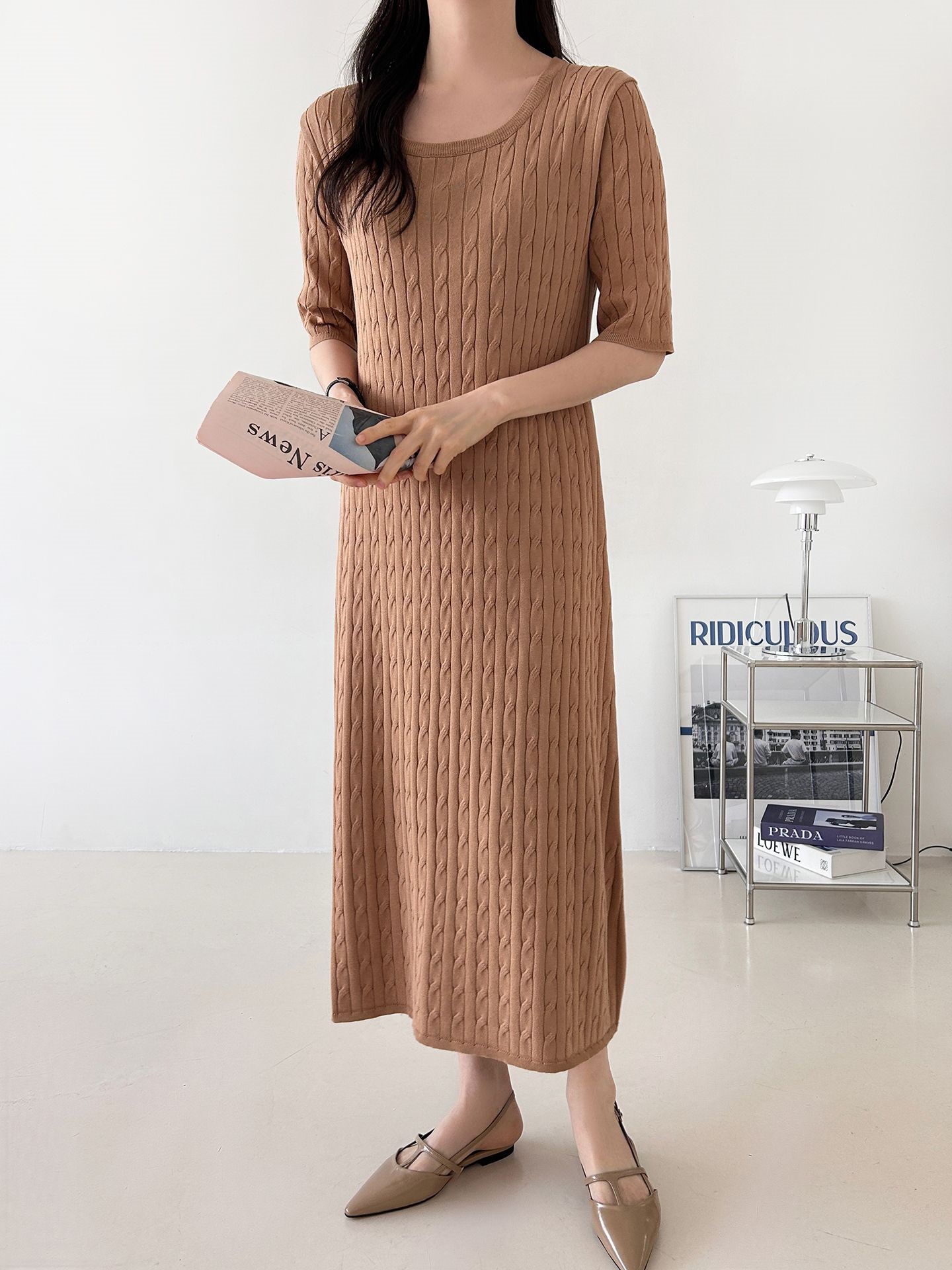 ニットラウンドネックケーブルロング半袖ワンピース | 詳細画像18