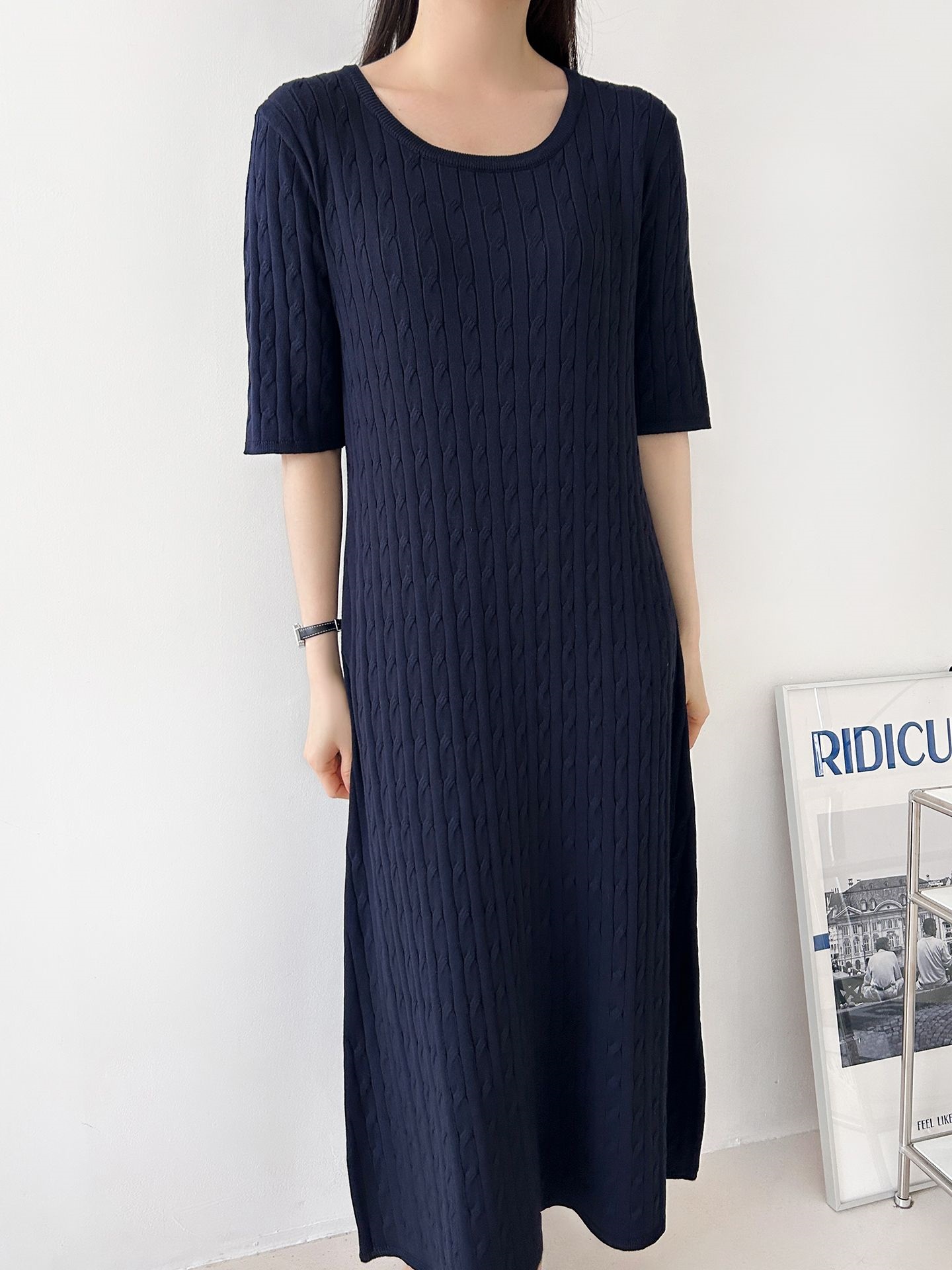 ニットラウンドネックケーブルロング半袖ワンピース | 詳細画像31