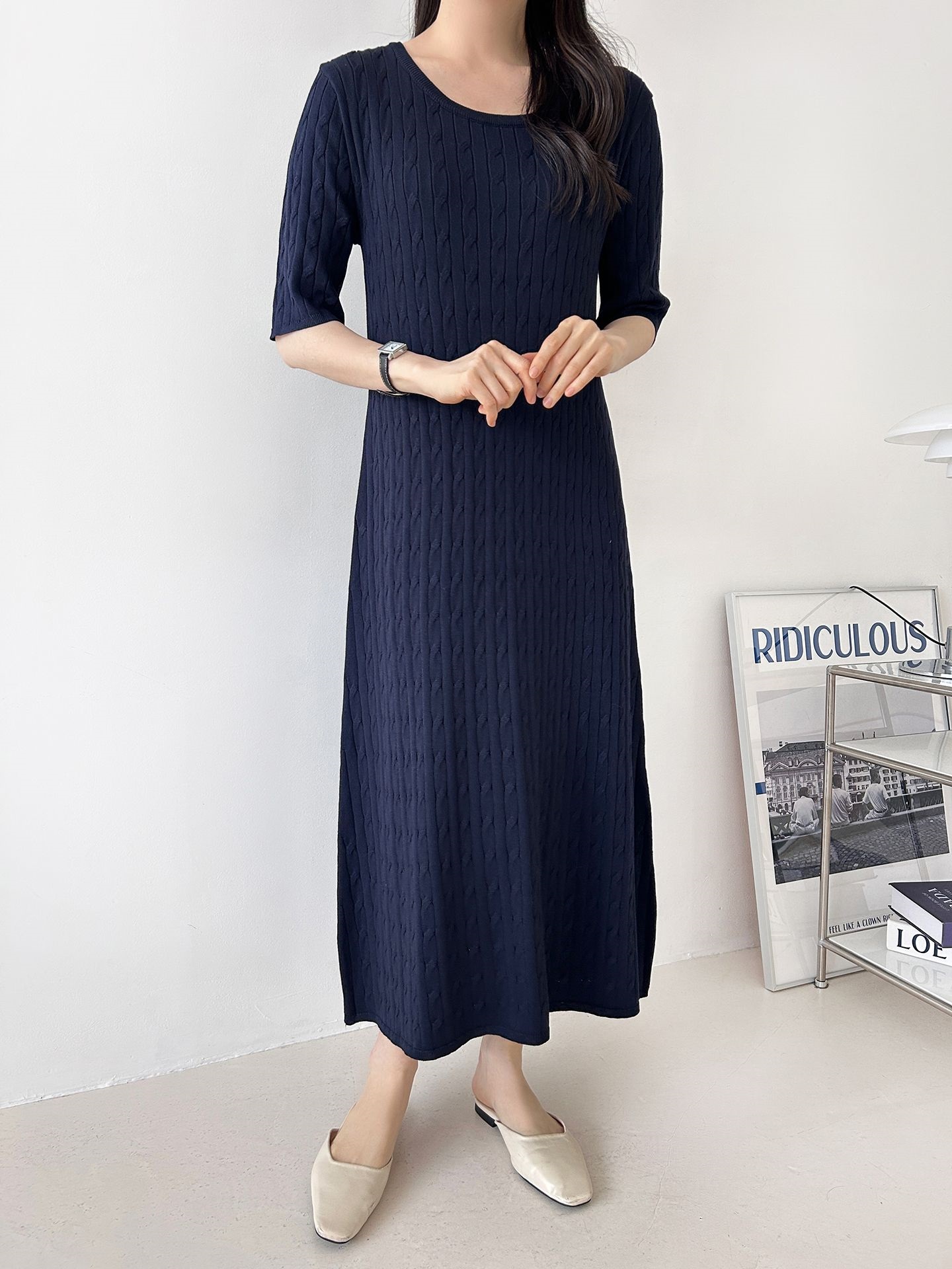 ニットラウンドネックケーブルロング半袖ワンピース | 詳細画像33